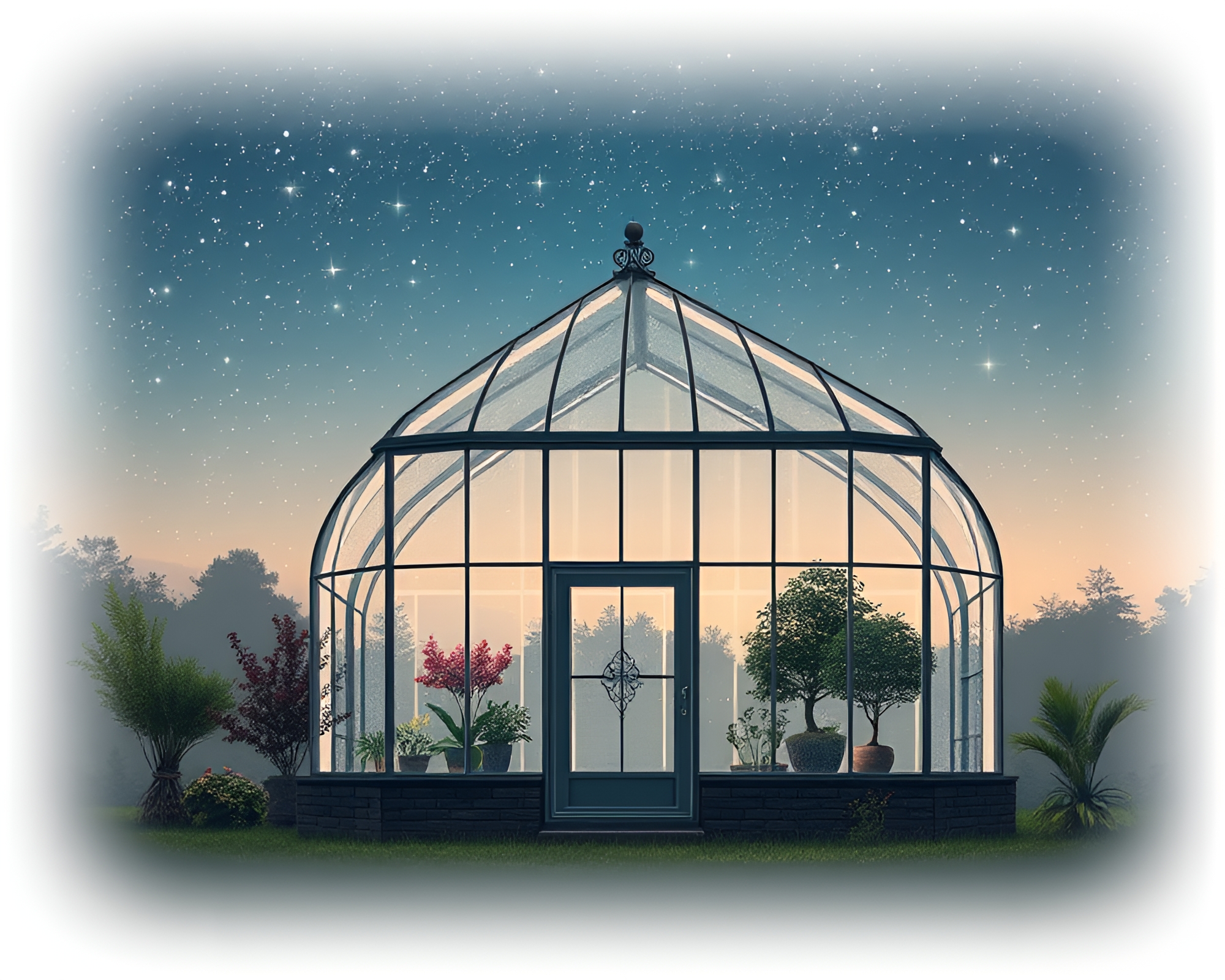 Glass Greenhouse under Starry Vignette Sky – free AI stock image