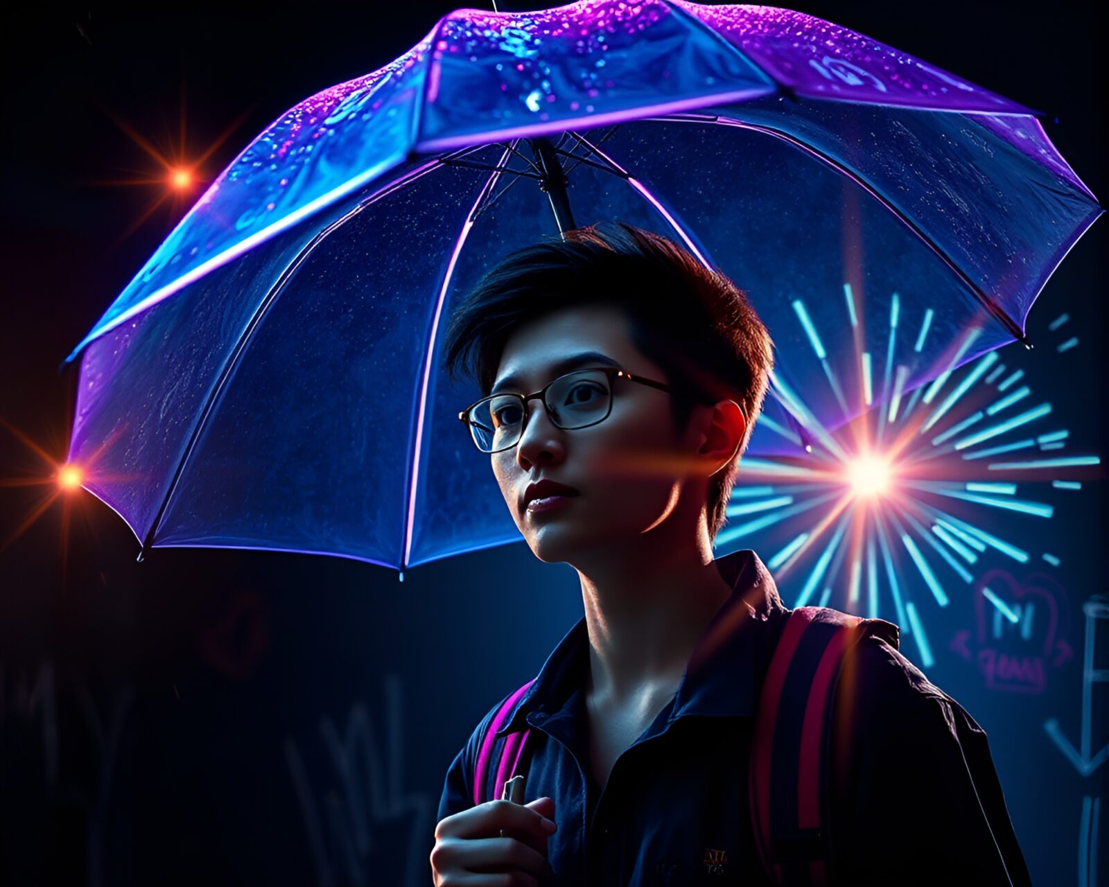 Colorful neon-lit umbrella surrounded by vibrant chalkboard art