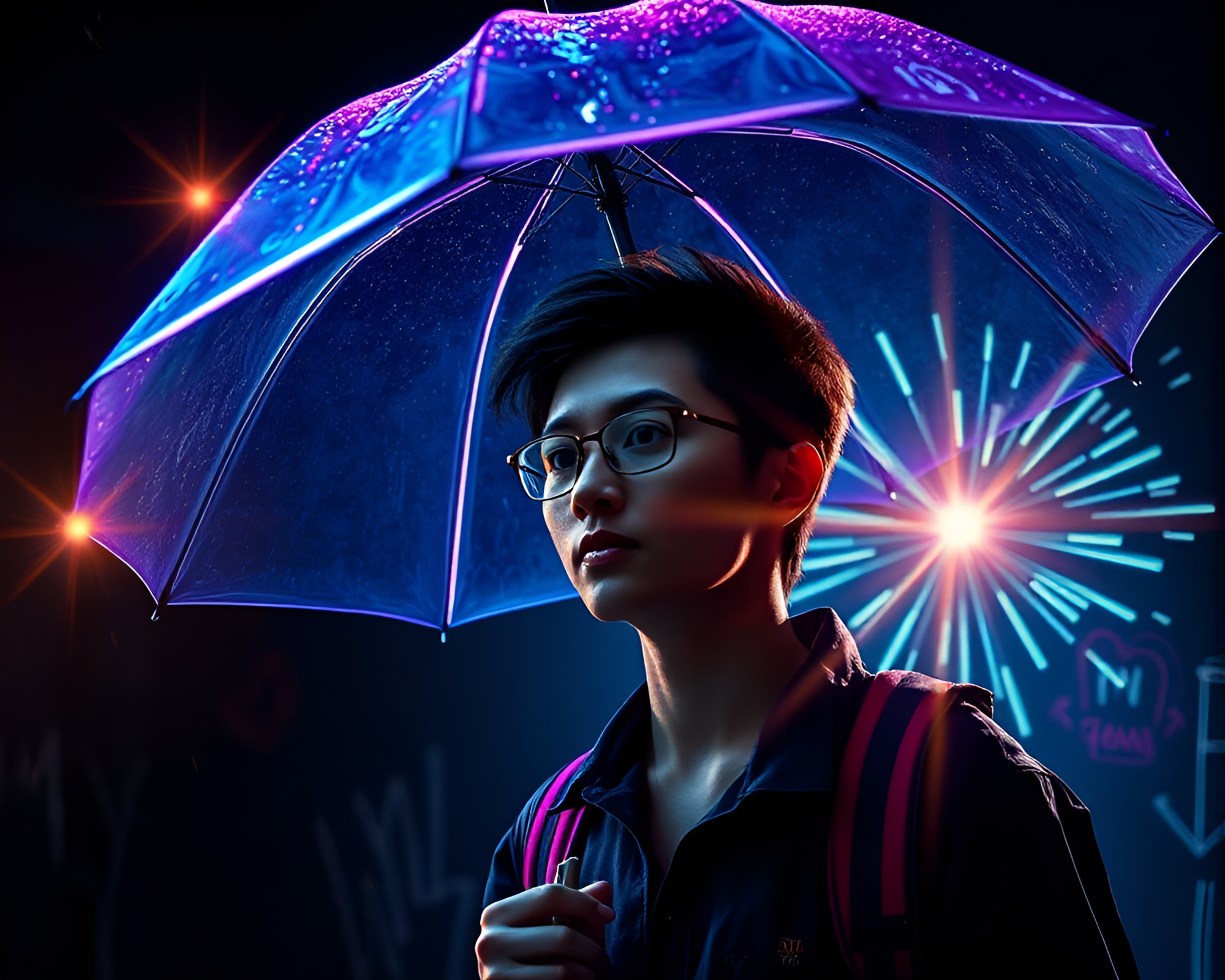 Neon-lit Umbrella Portraiture with Chalkboard Drawing – free AI stock image