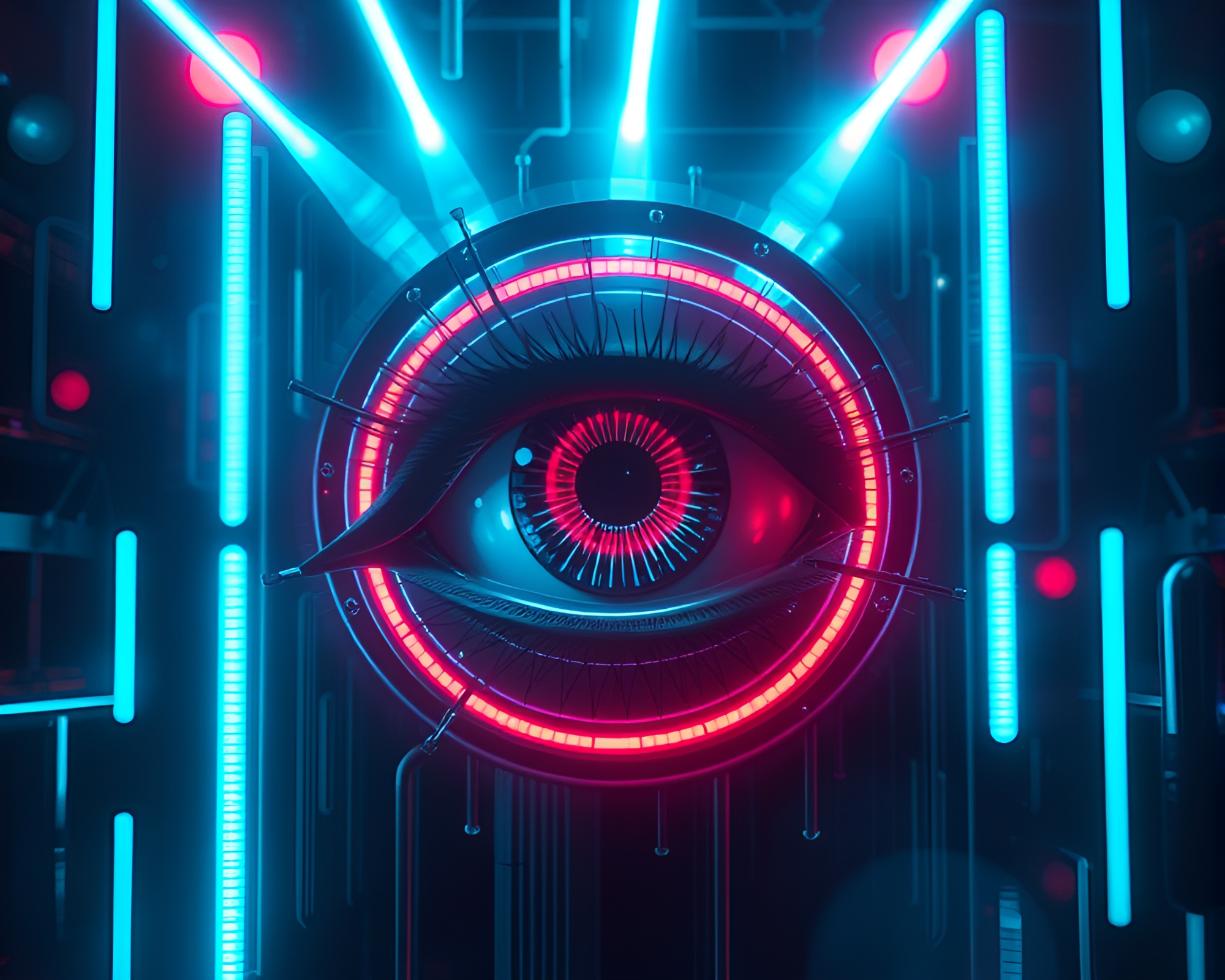 Cybernetic Eye Illuminated by Club Strobe Lights – free AI stock image