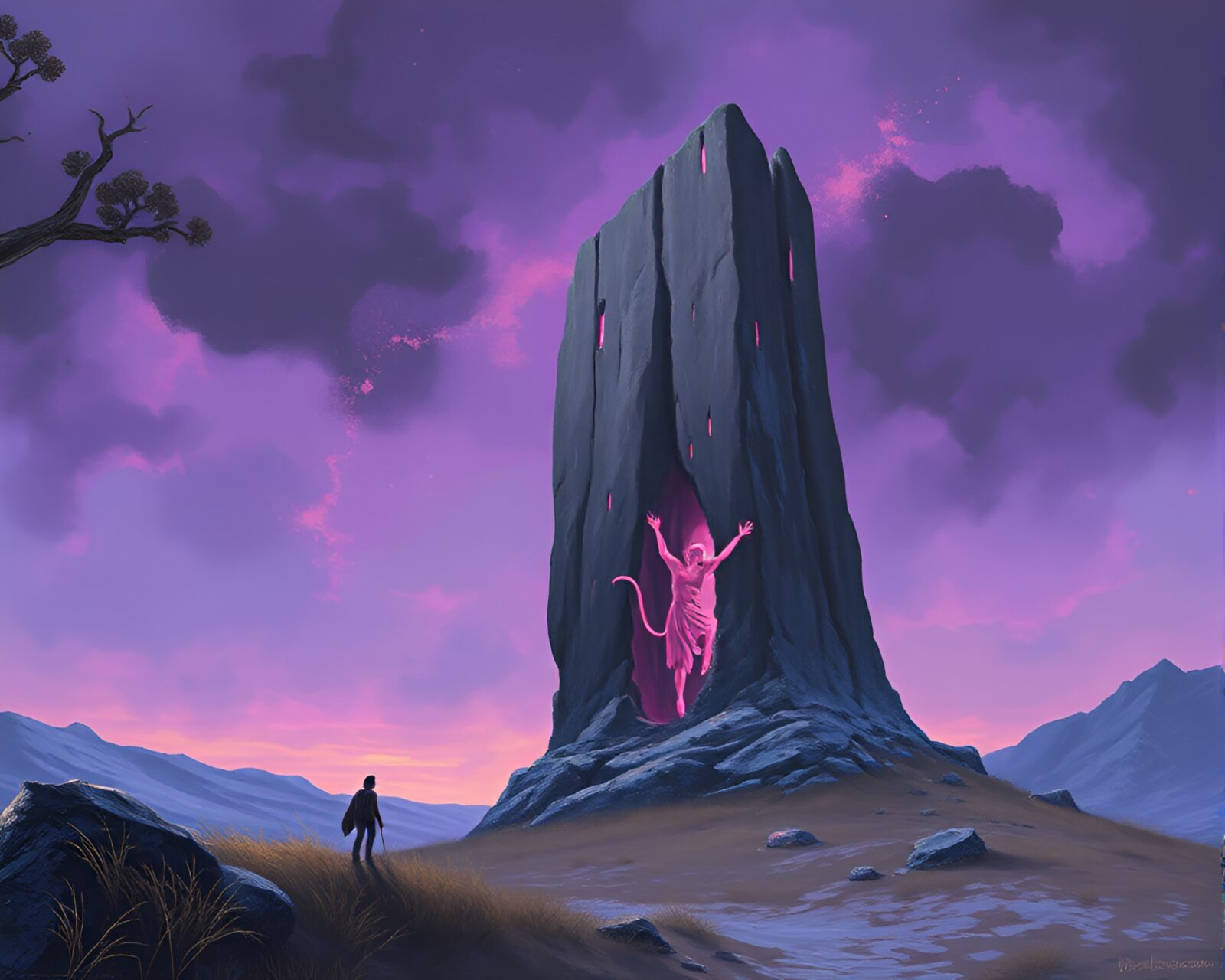 Intricate fresco painting of a towering twilight-purple monolith