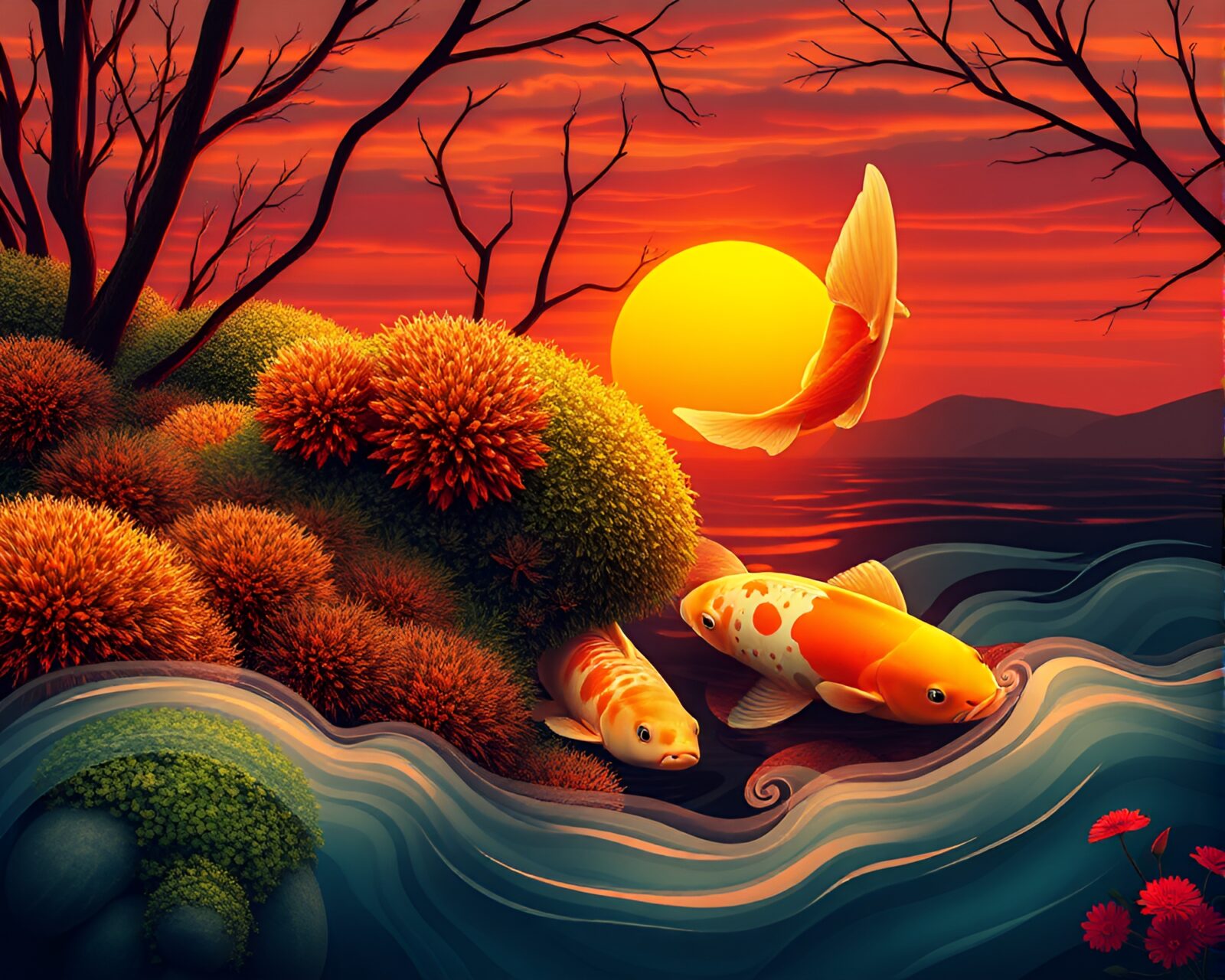 Vibrant op art koi fish swimming in mossy pond