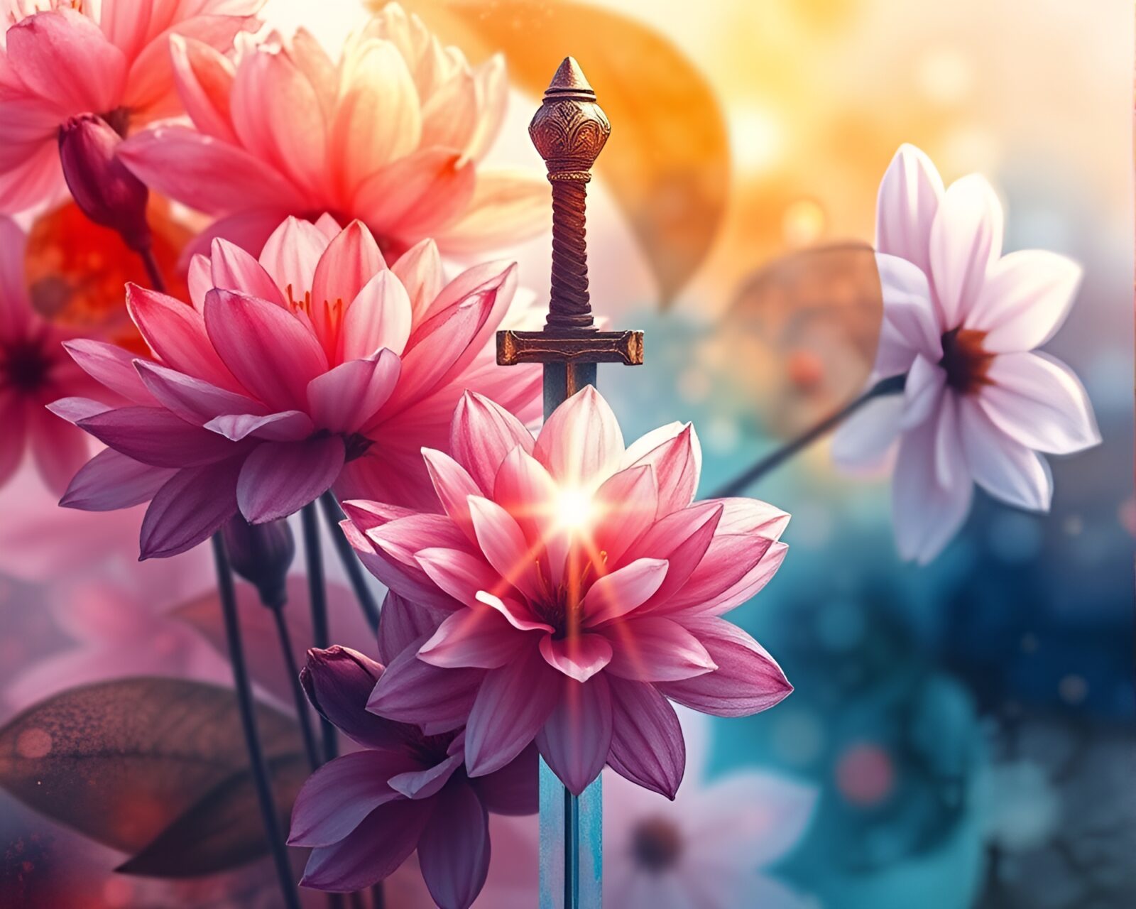 Watercolor blooms swirling around a gleaming sword in lens flare light