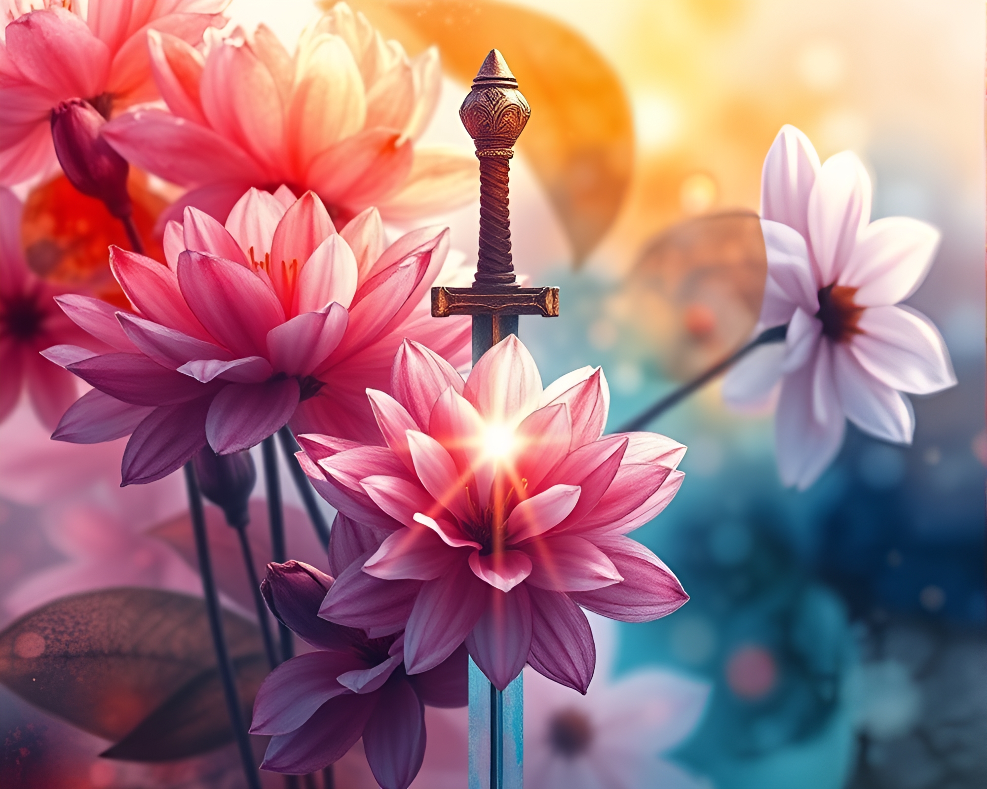 Sword of Blooming Waters: Jewel-Toned Fantasy Art – free AI stock image