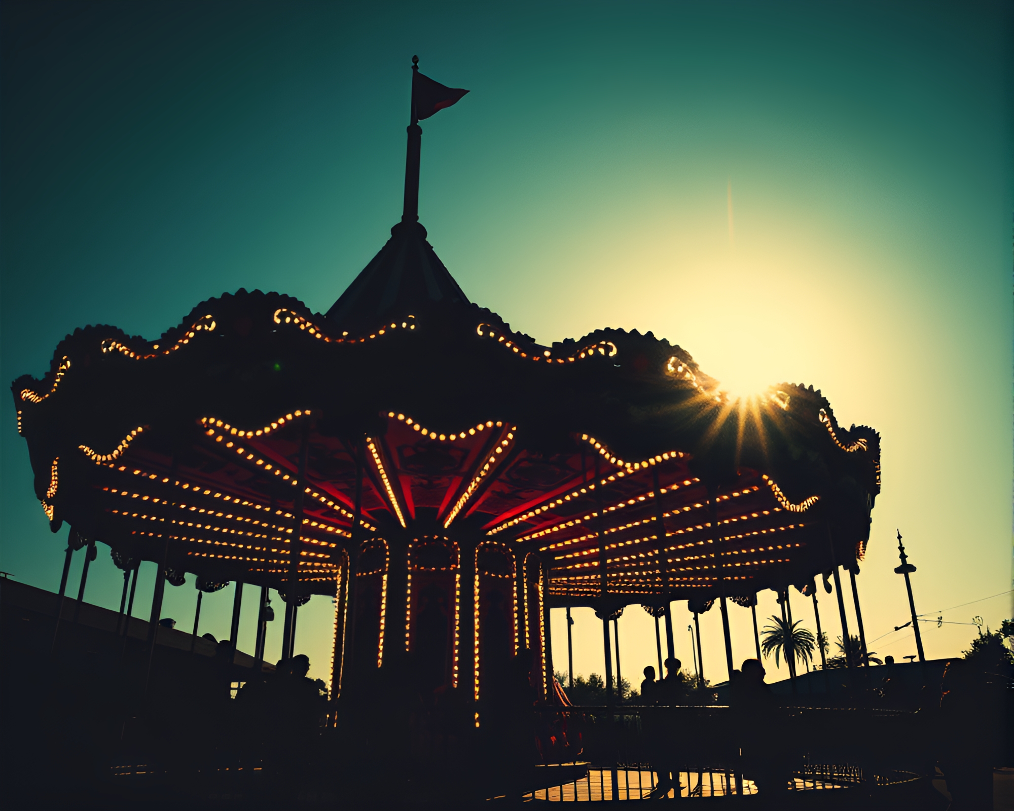 Carnival Carousel Silhouette in Low-Angle Sumi-e Brushwork – free AI stock image