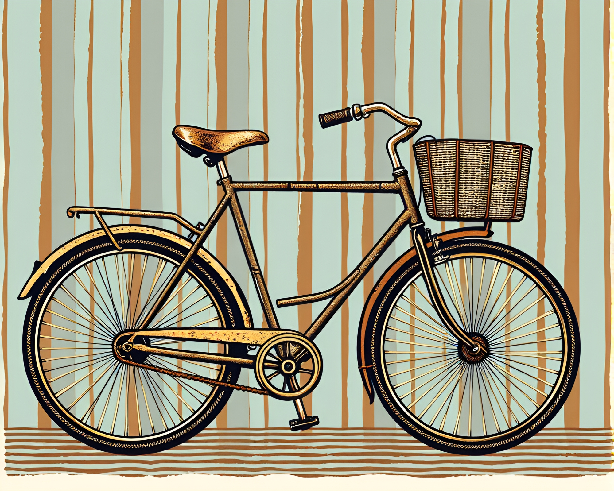 Striped Bicycle Gleaming Bronze Woodcut Art – free AI stock image
