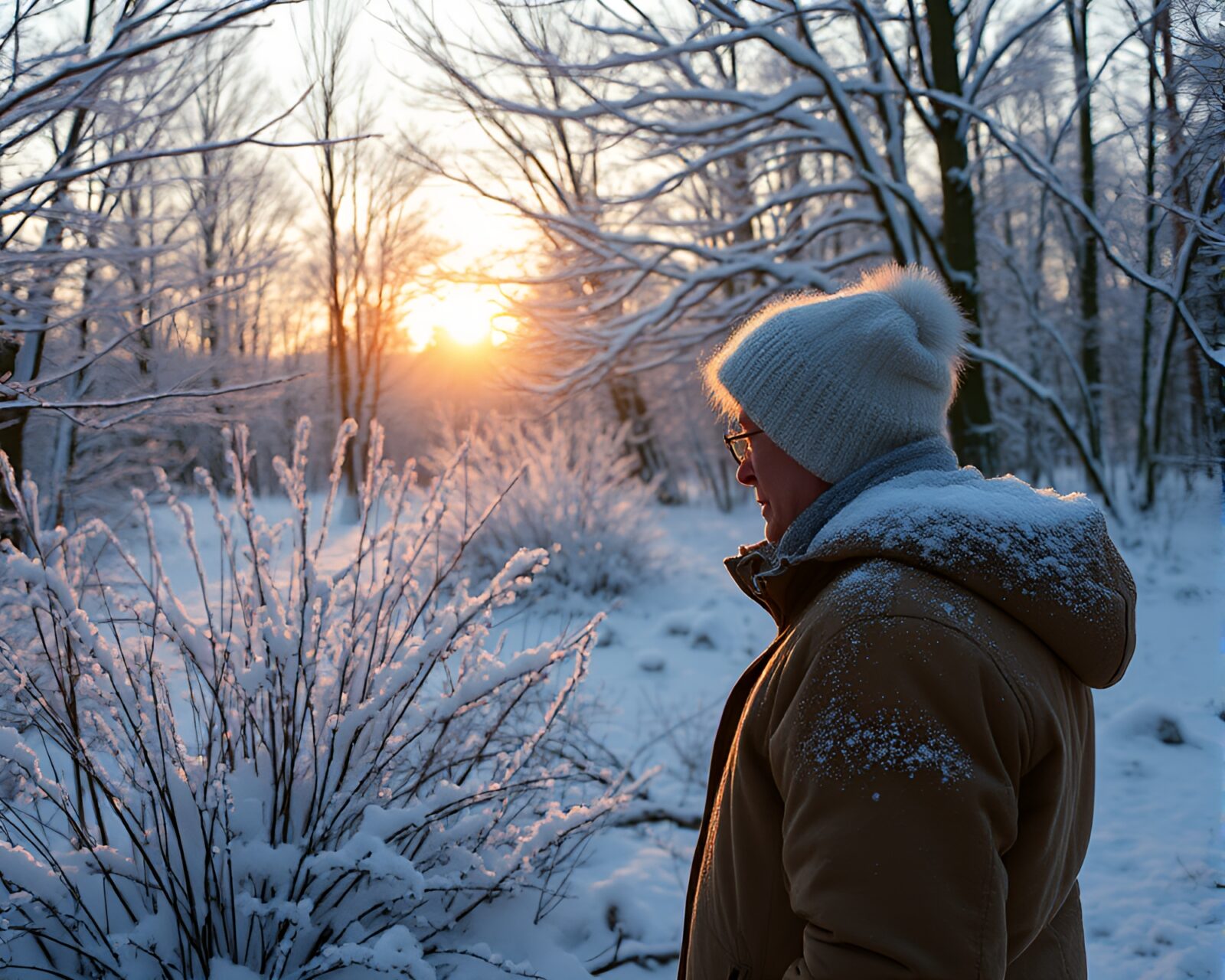 Candid moment in a snowy wonderland bathed in warm sunlight