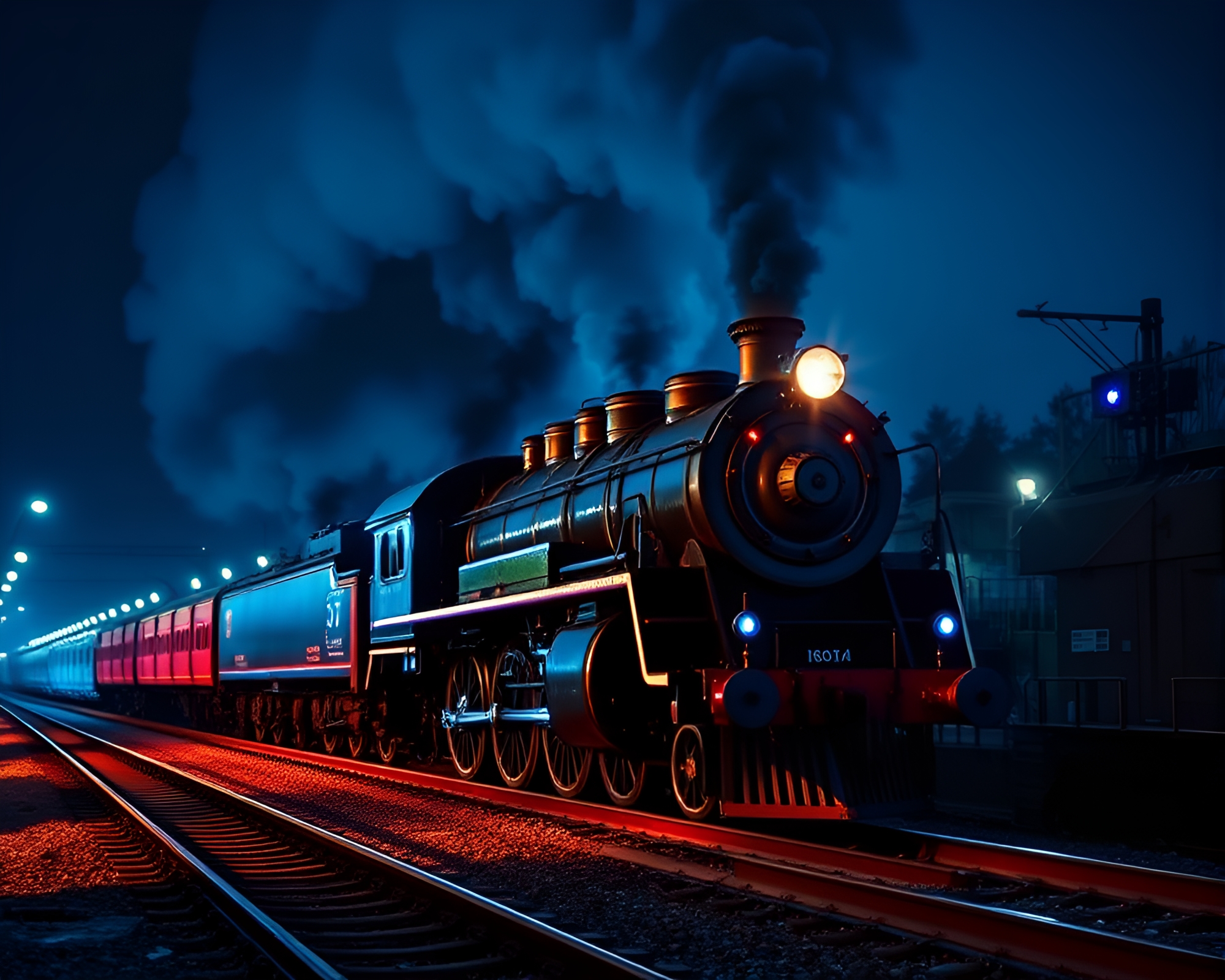 Hyper-Saturated Steam Locomotive in Blue Hour Pointillism – free AI stock image