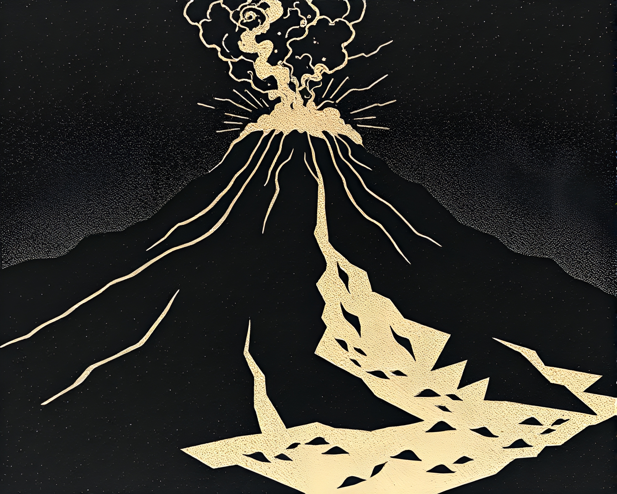 Minimalist volcanic linocut eruption with metallic sheen – free AI stock image
