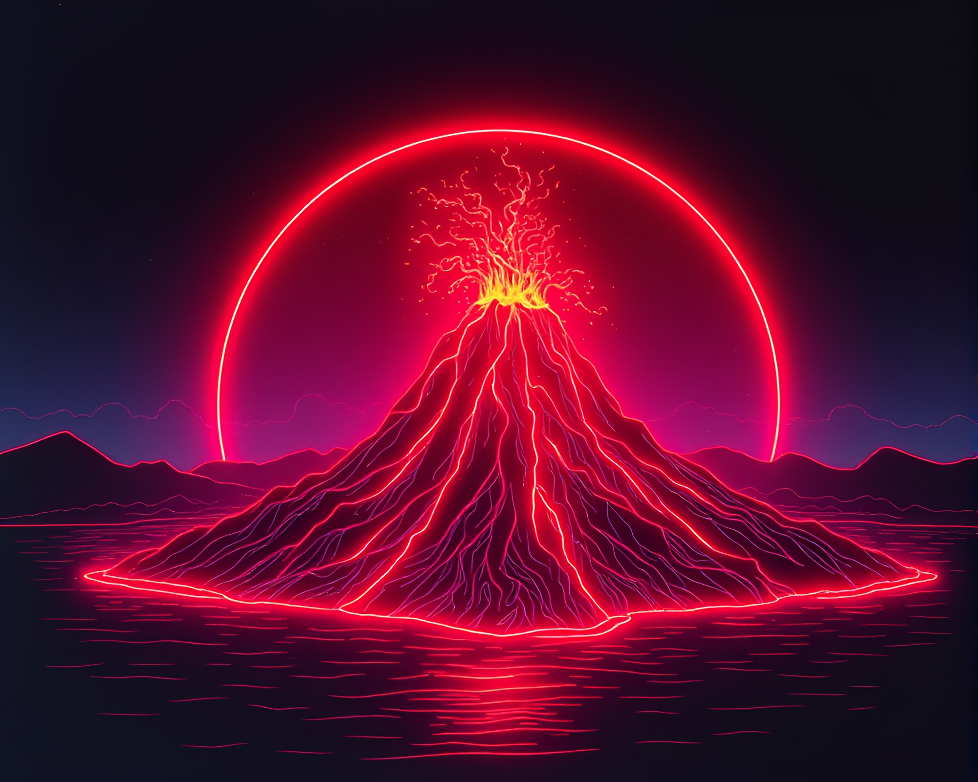 Volcanic Neon Wireframe Floating Island Linocut Print – free AI stock image