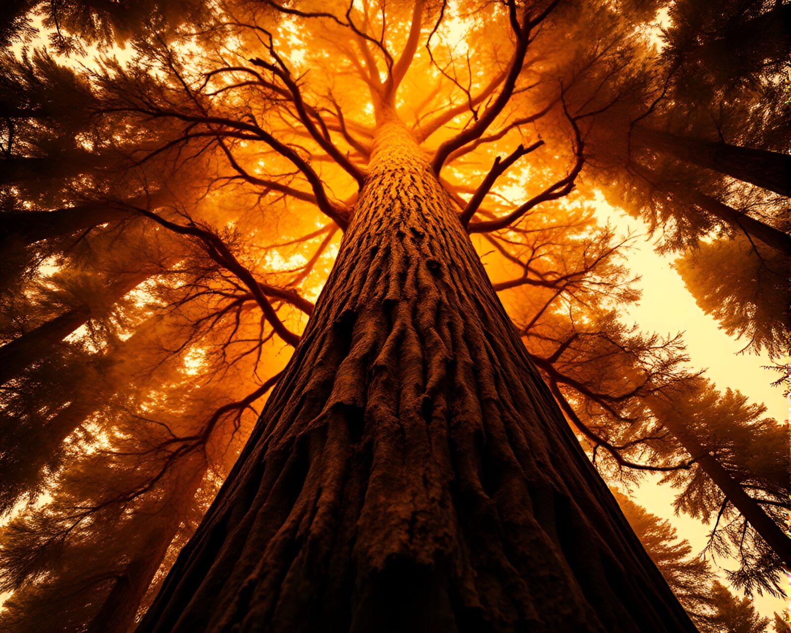 Hexagonal tiling of redwood trees illuminated in sepia tones