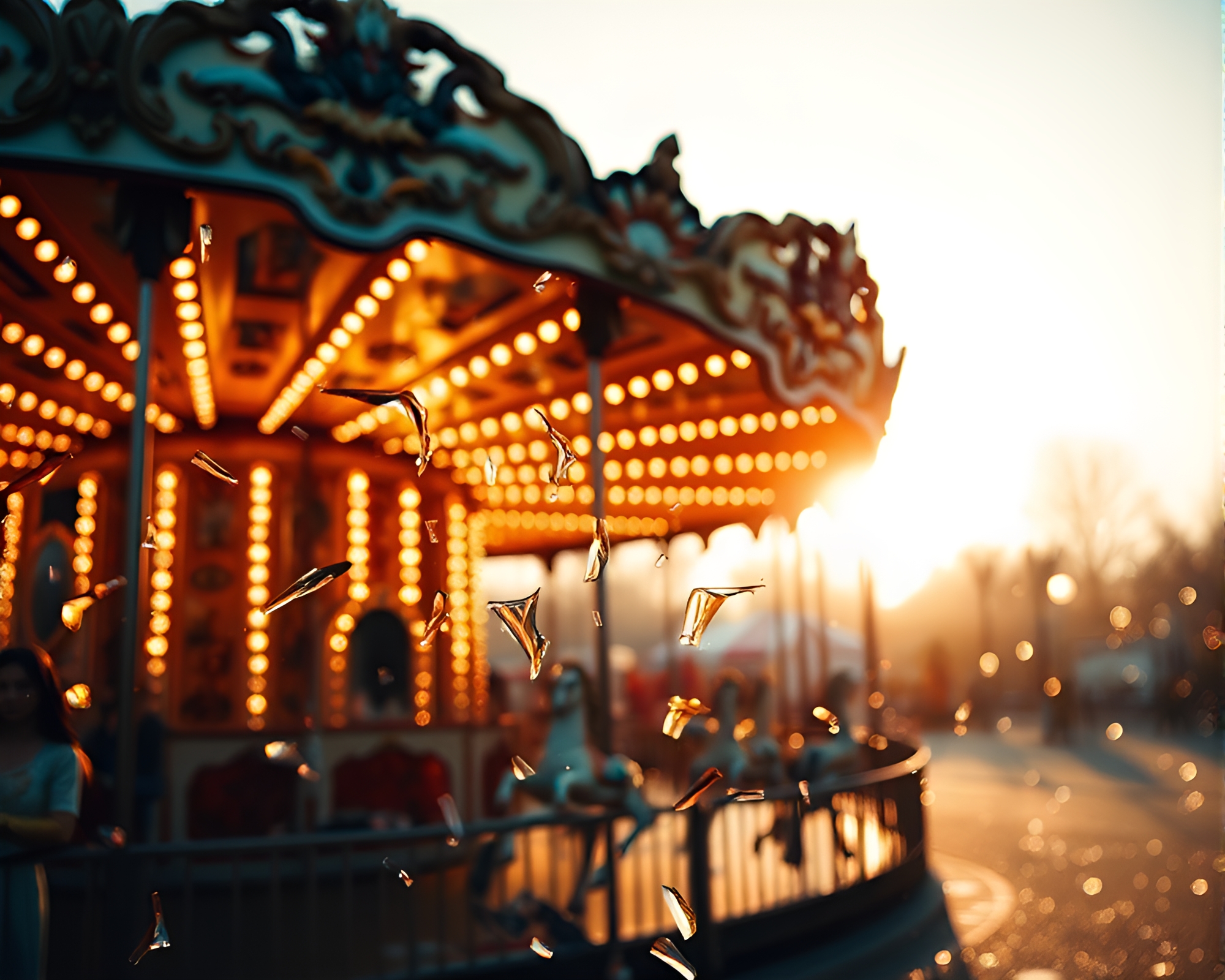 Golden Morning Light Shining on Carnival Carousel Glass Shards – free AI stock image