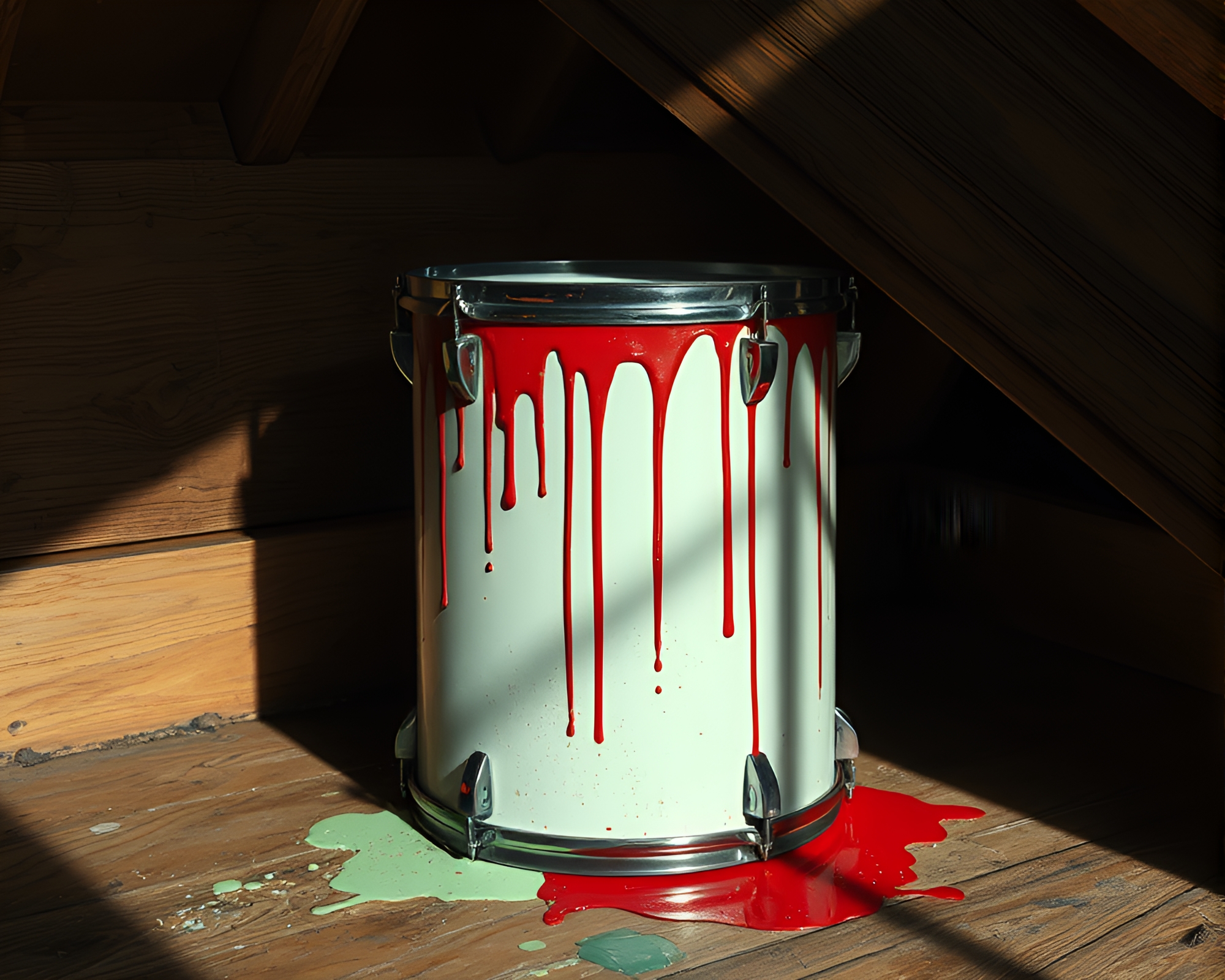 Drum Beats in Shadowed Attic with Paint Drips – free AI stock image