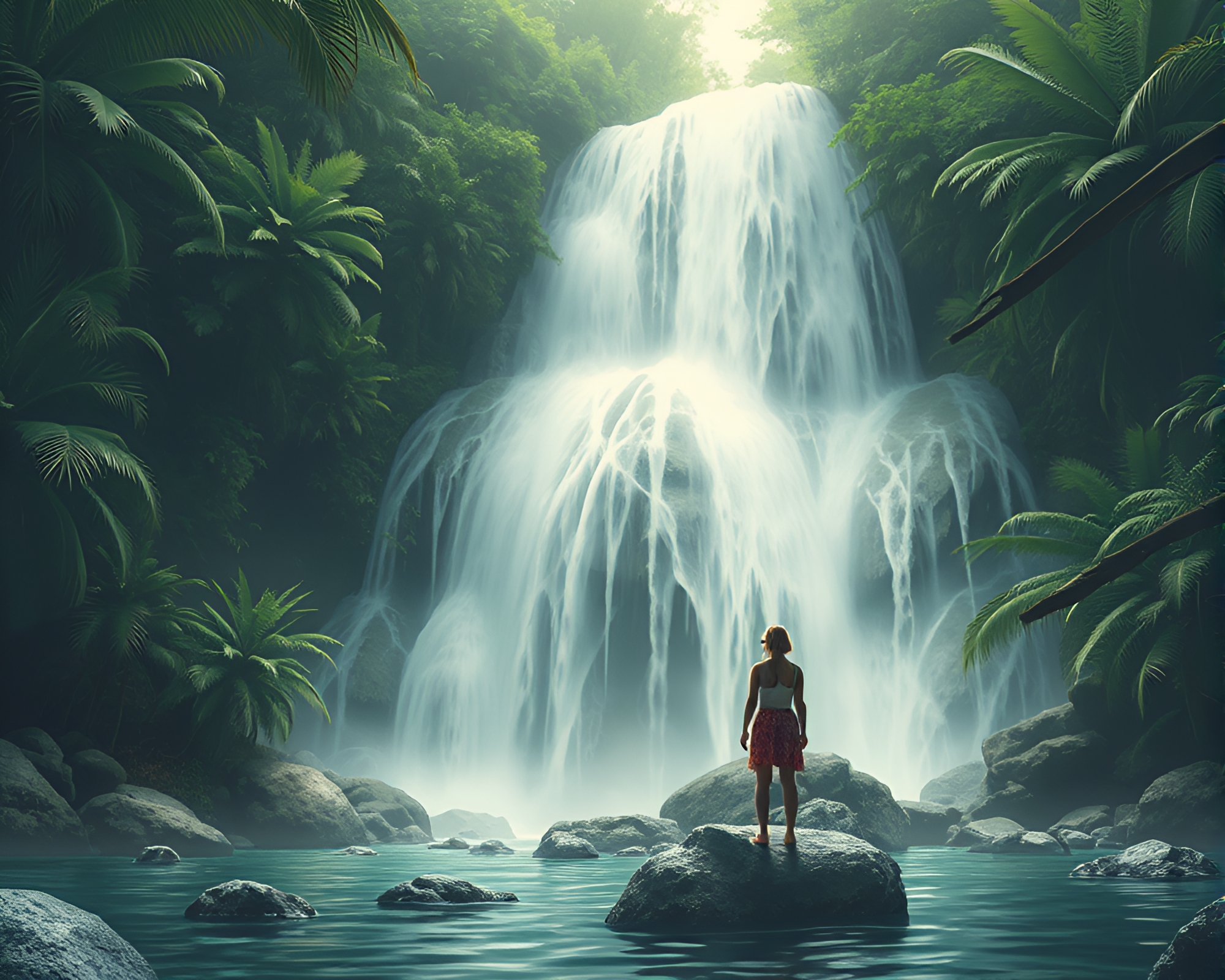 Steampunk Tropical Waterfall Candid Moment Illustration – free AI stock image