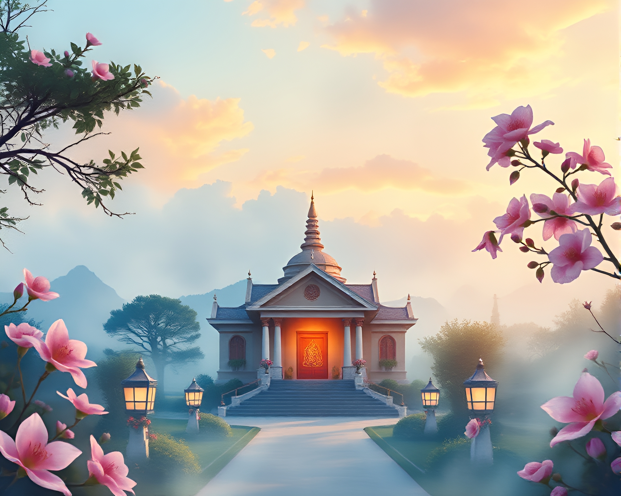 Watercolor Temple in Cool Dawn Light Photorealism – free AI stock image