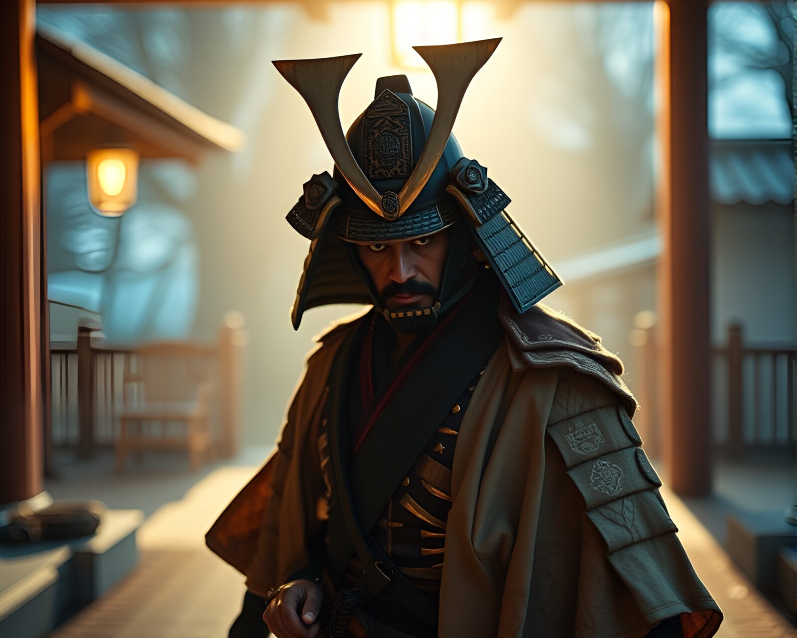 Majestic samurai in warm porchlight with lens distortion effect