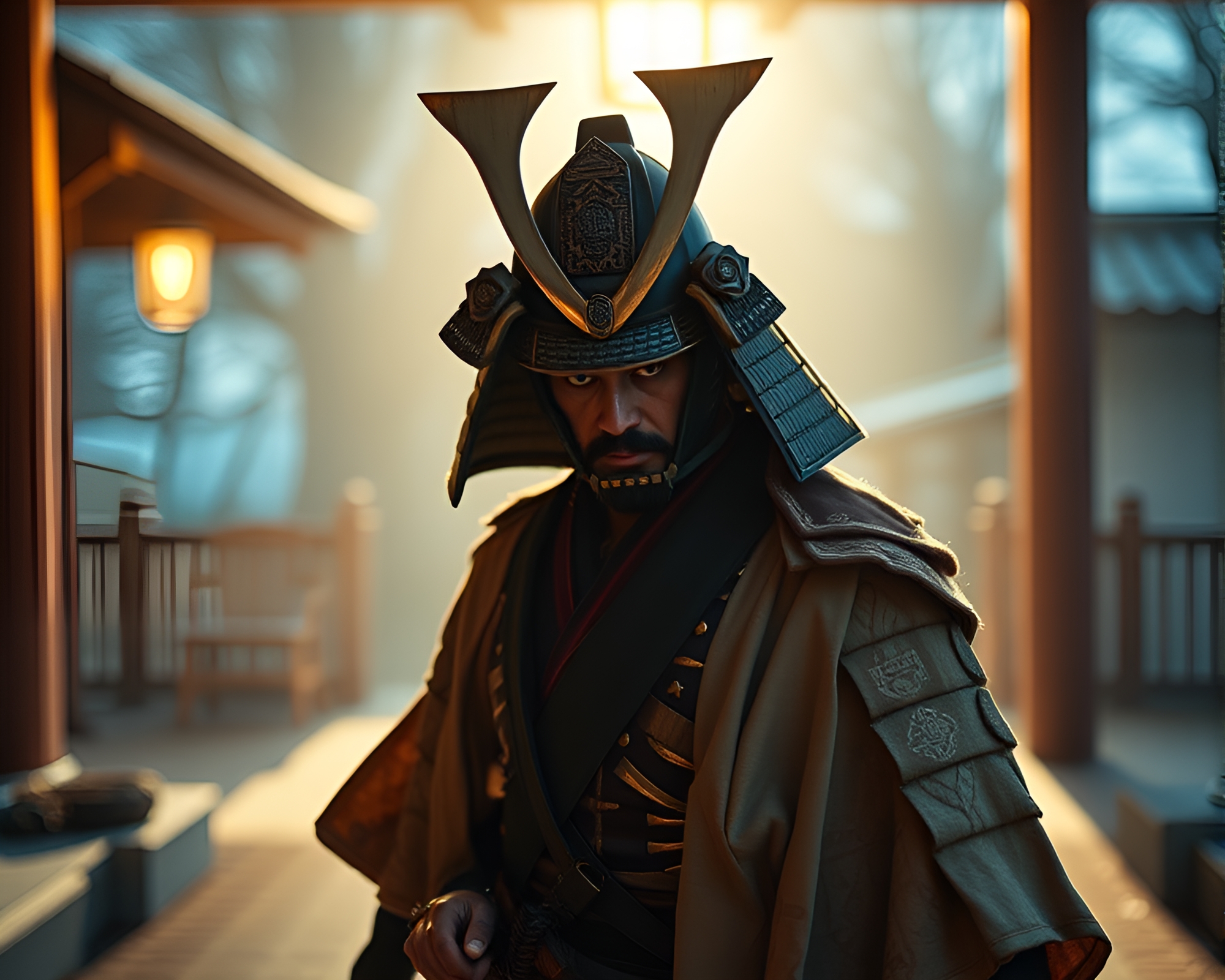 Samurai Warrior Bathed in Porchlight Lens Distortion – free AI stock image
