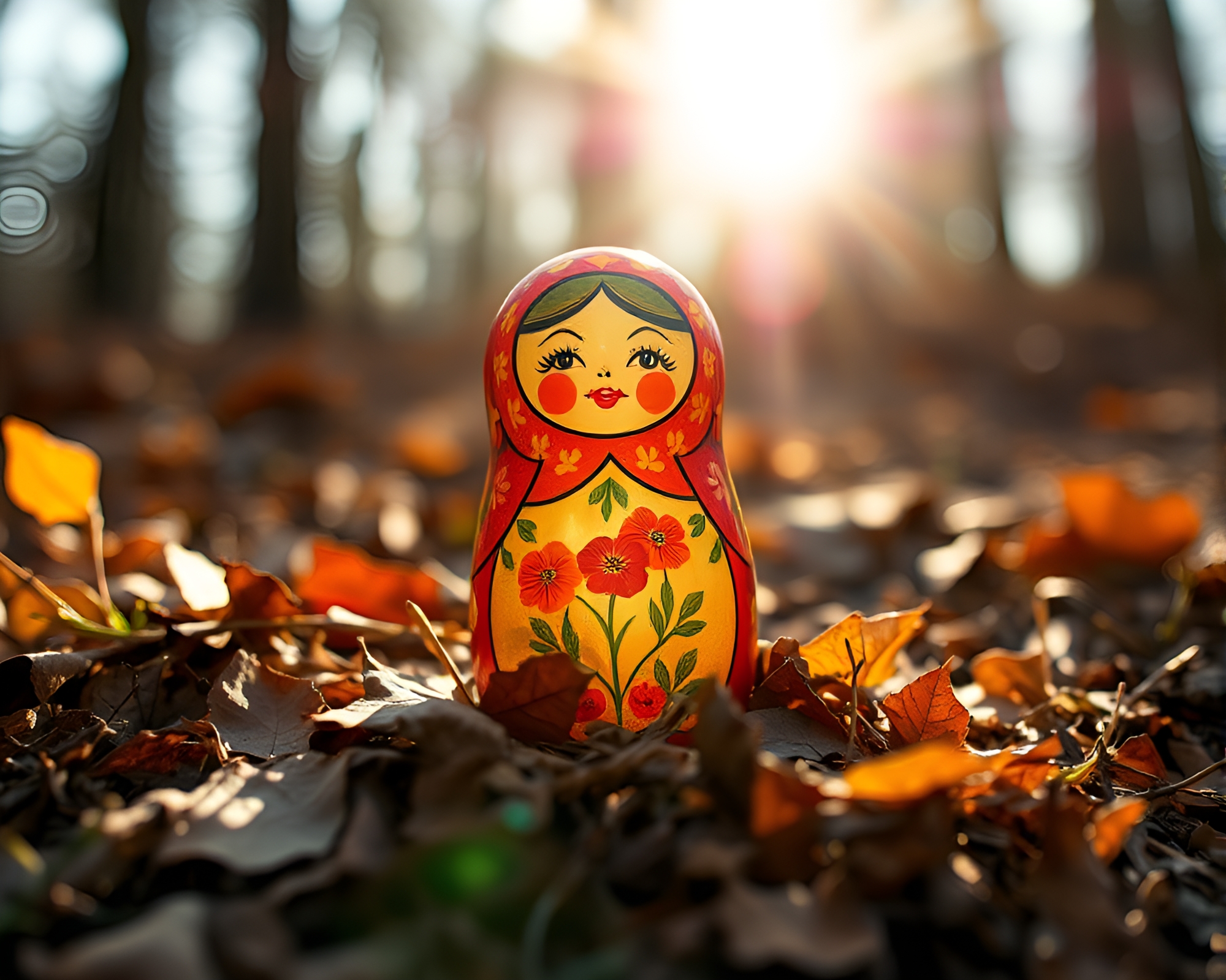 Botanical Matryoshka Doll with Lens Flare Burst – free AI stock image