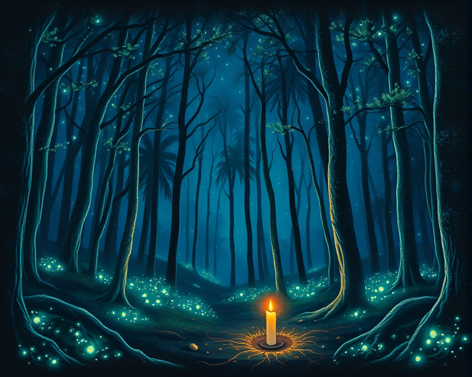 Glowing mushrooms and plants in unique chalk art forest
