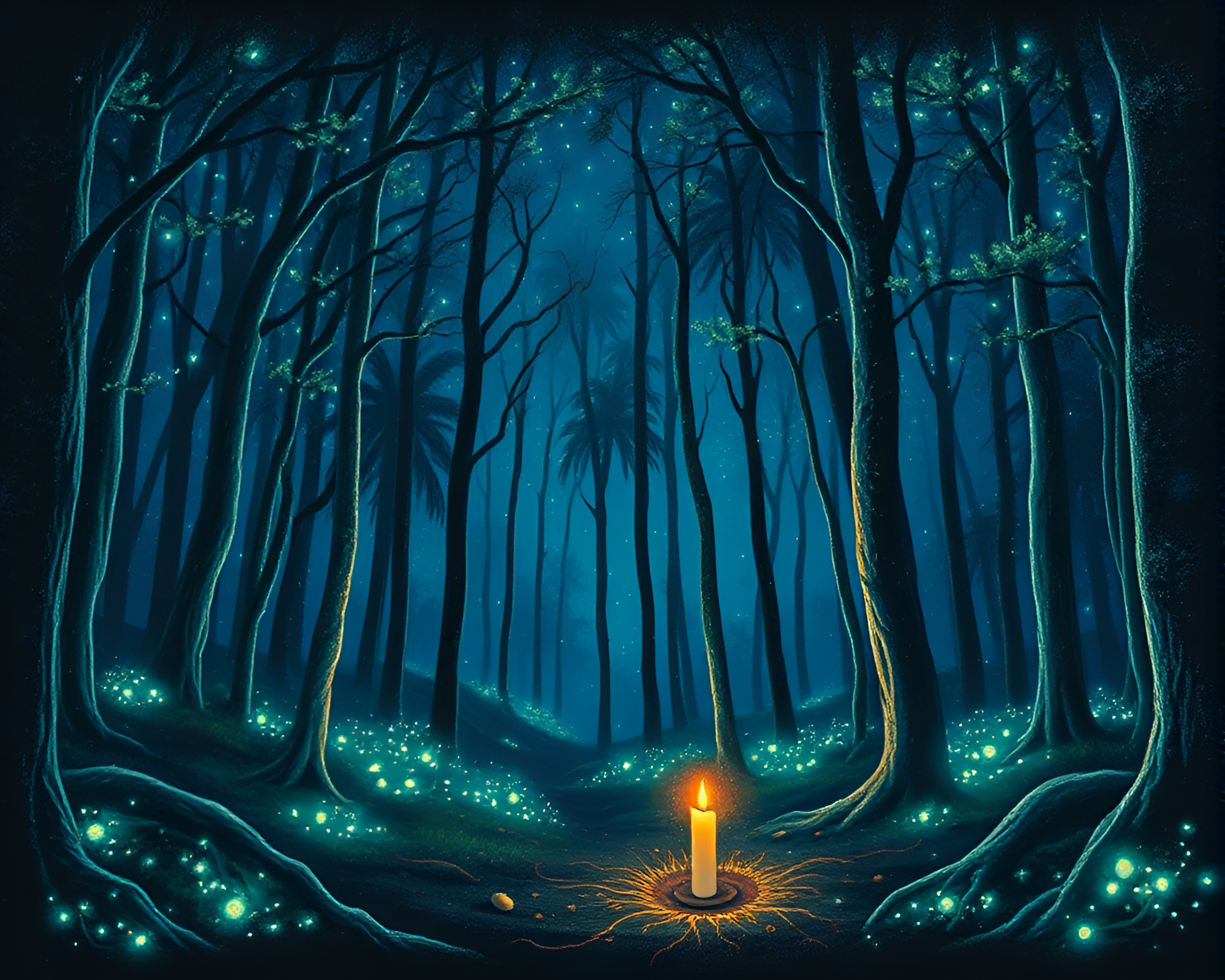 Enchanted Bioluminescent Forest in Chalk Drawing Style – free AI stock image