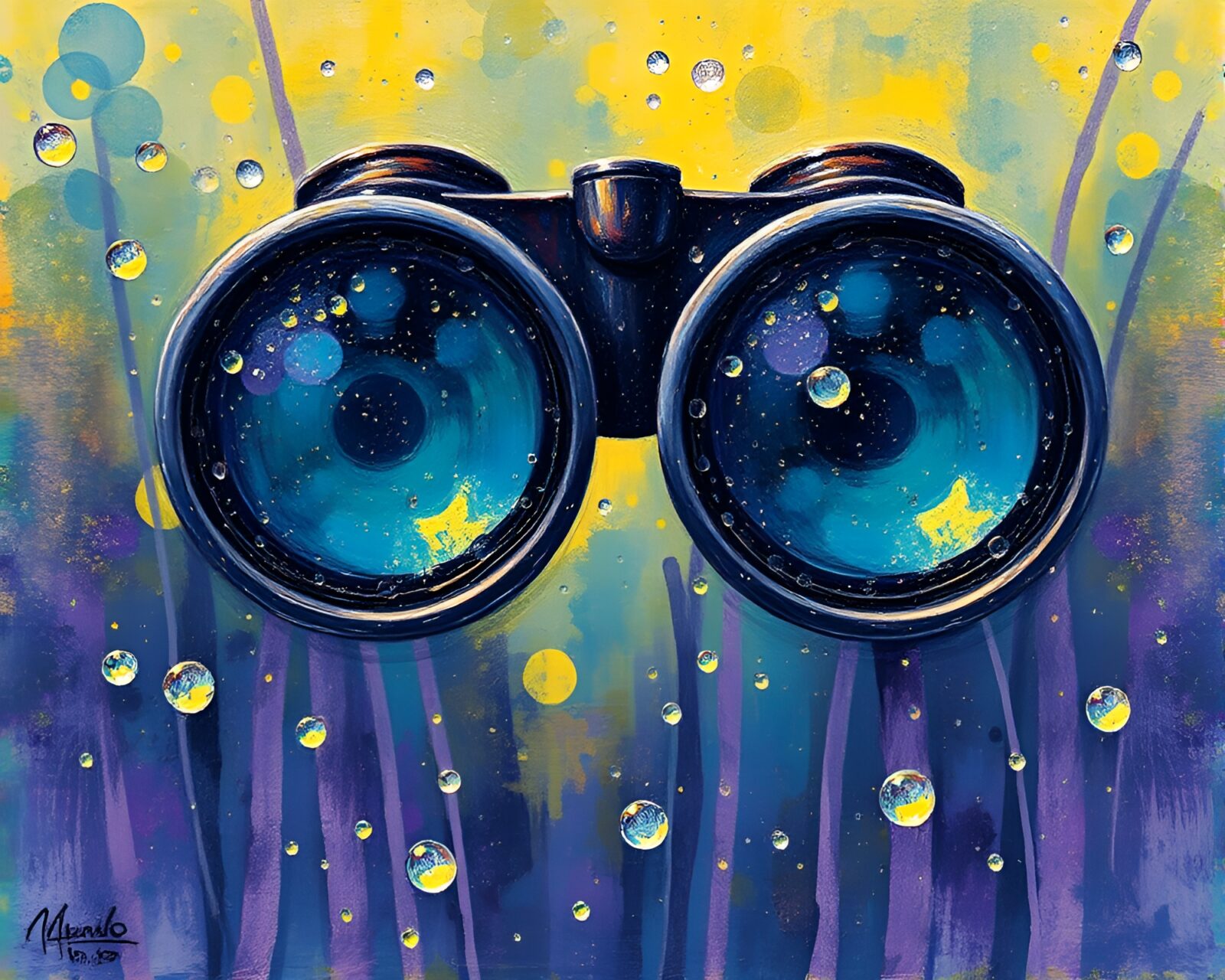 Shimmery dew-covered binoculars in a vibrant ultraviolet light