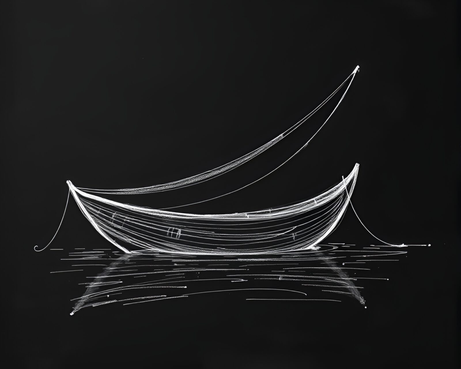 Bold amethyst-shaded hydrofoil boat outlined in wireframe chalk scrawls