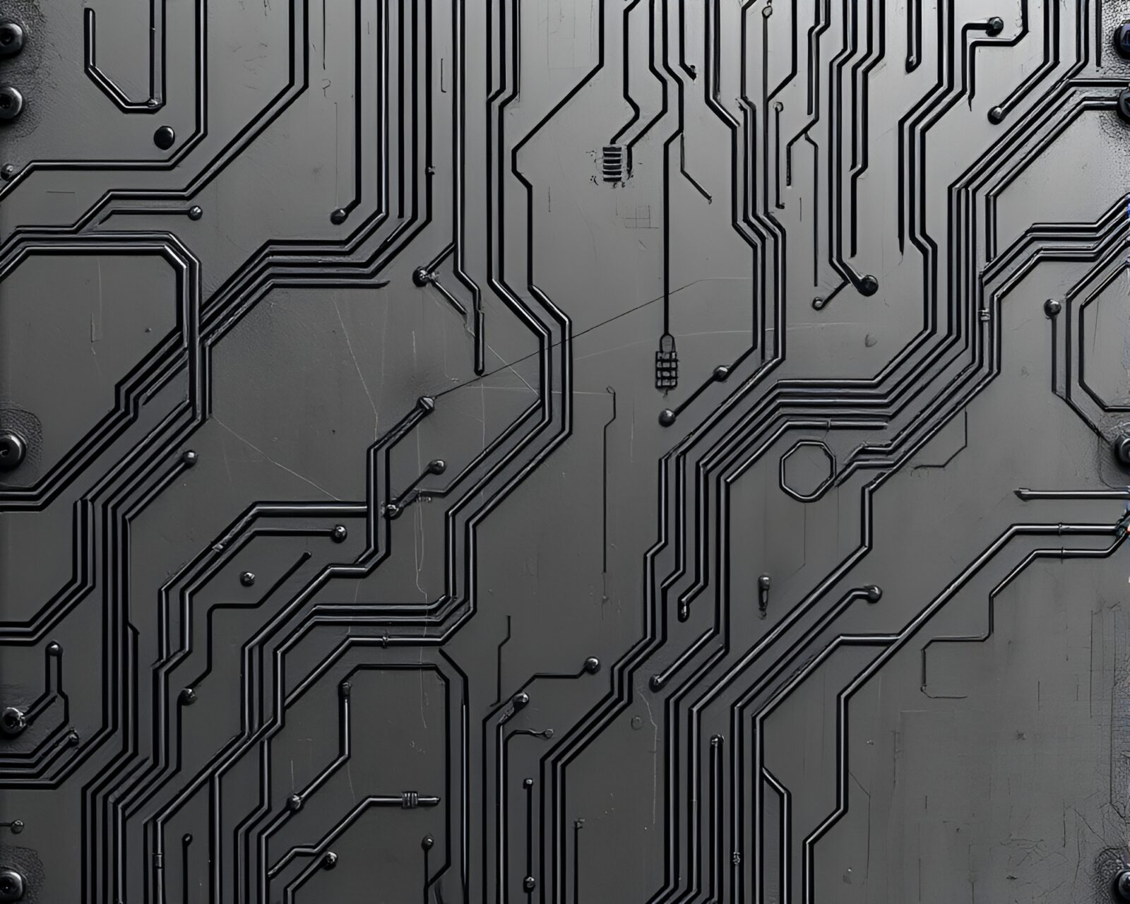 Graphite gray steampunk scene with intricate circuit board pattern