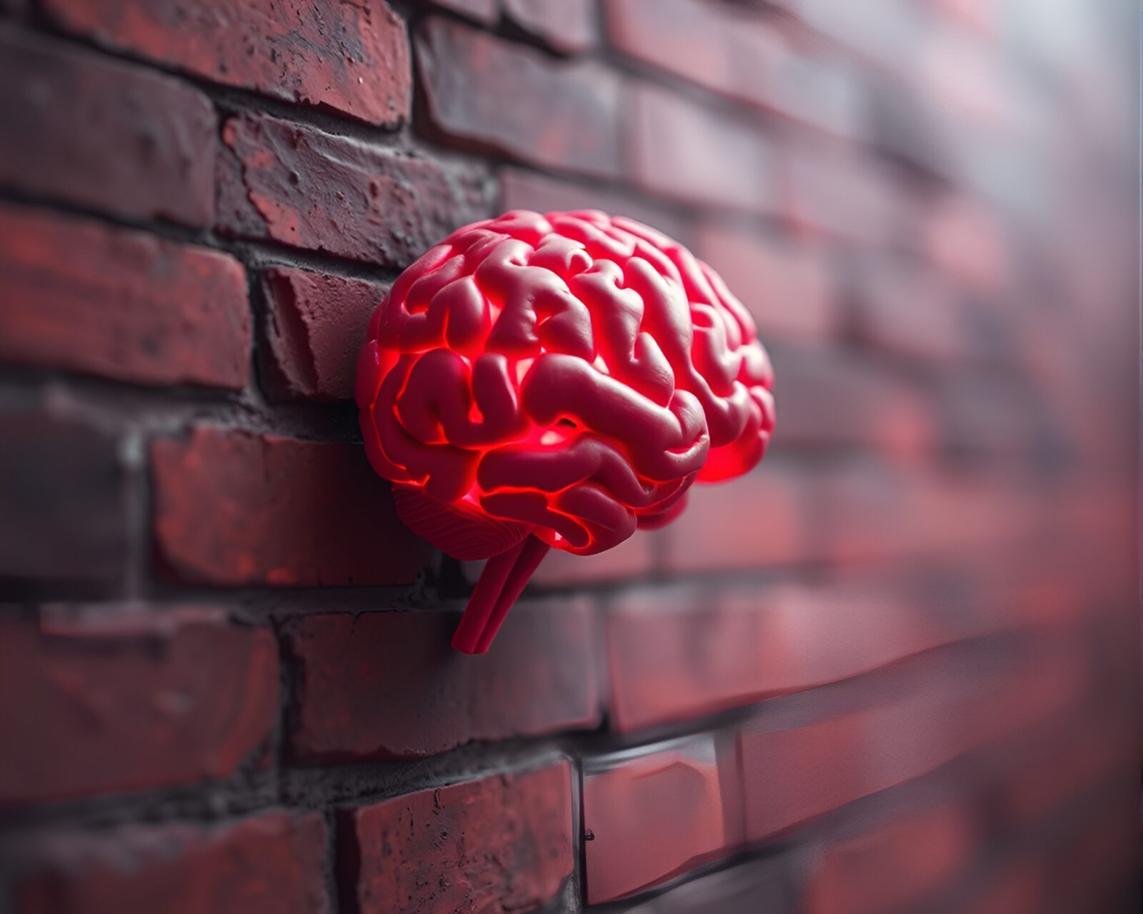 Abstract pointillism artwork of a futuristic AI brain with brick red hues
