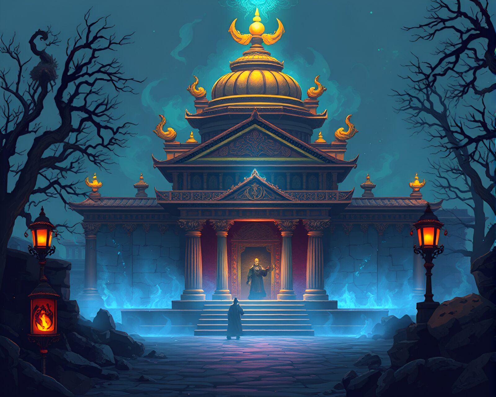 Medium shot of mystical temple glowing with sorcery aura
