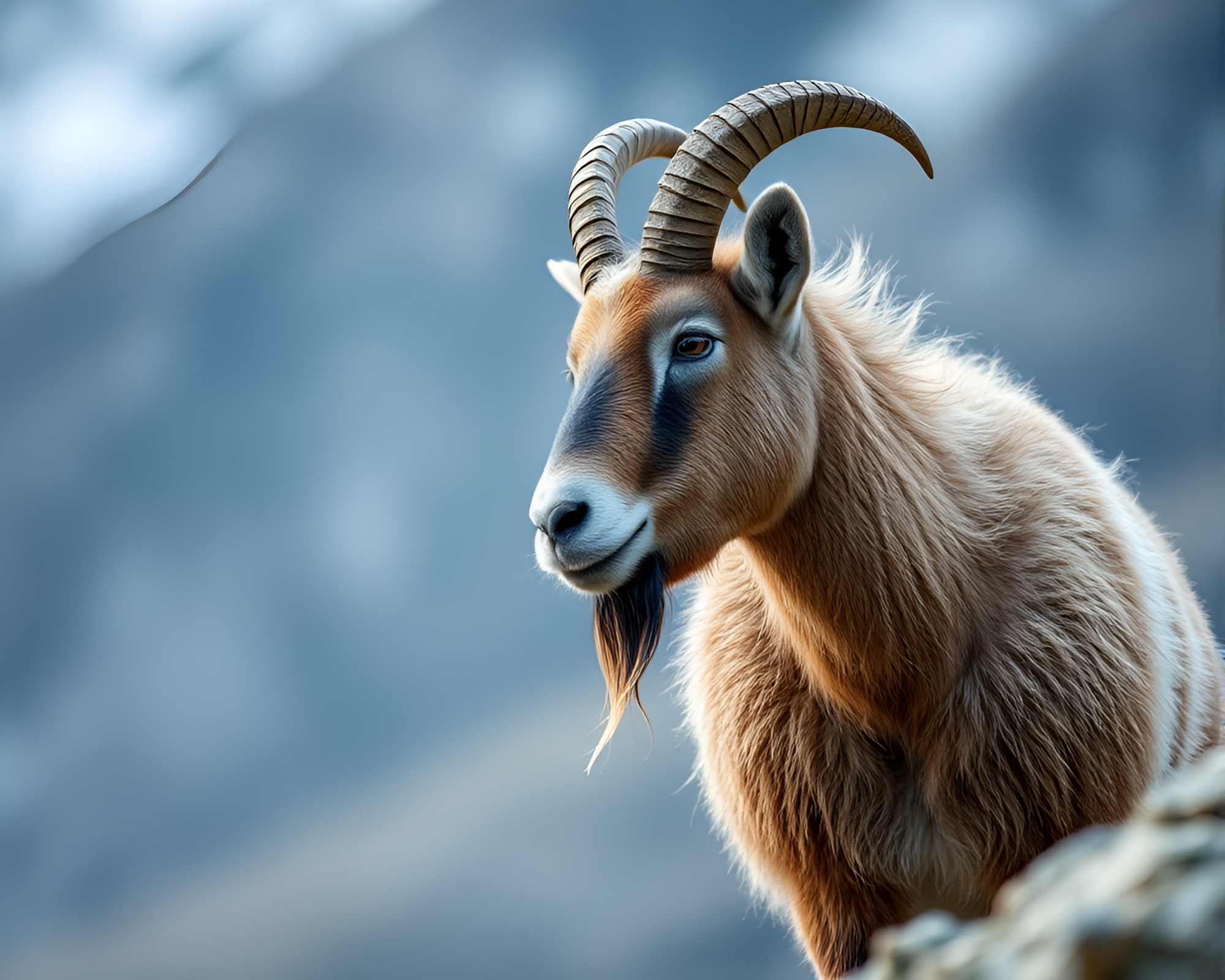 Majestic Mountain Goat in Serene Cobalt Blue Landscape – free AI stock image