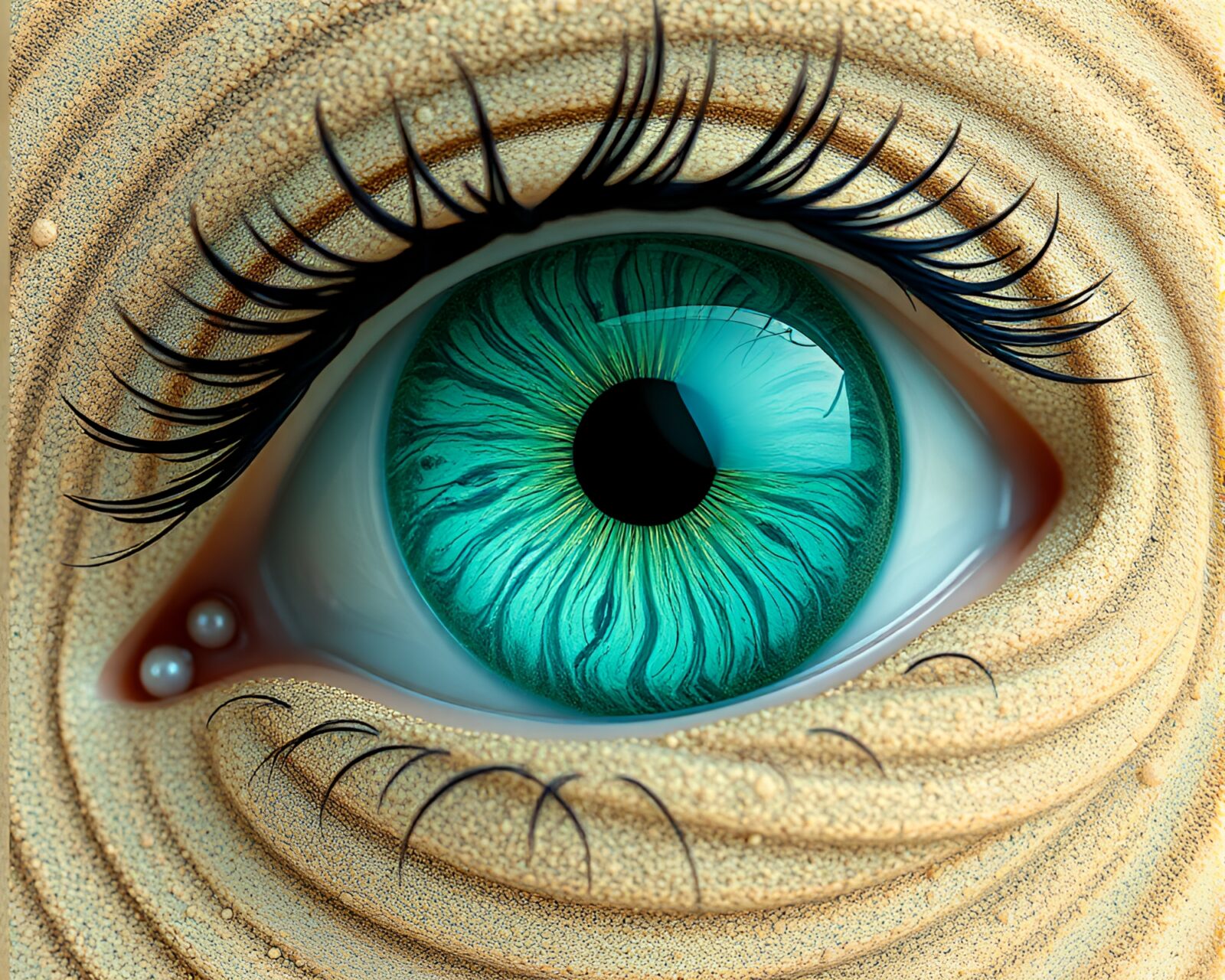 Intricate sand art with mint green lighting and futuristic lens