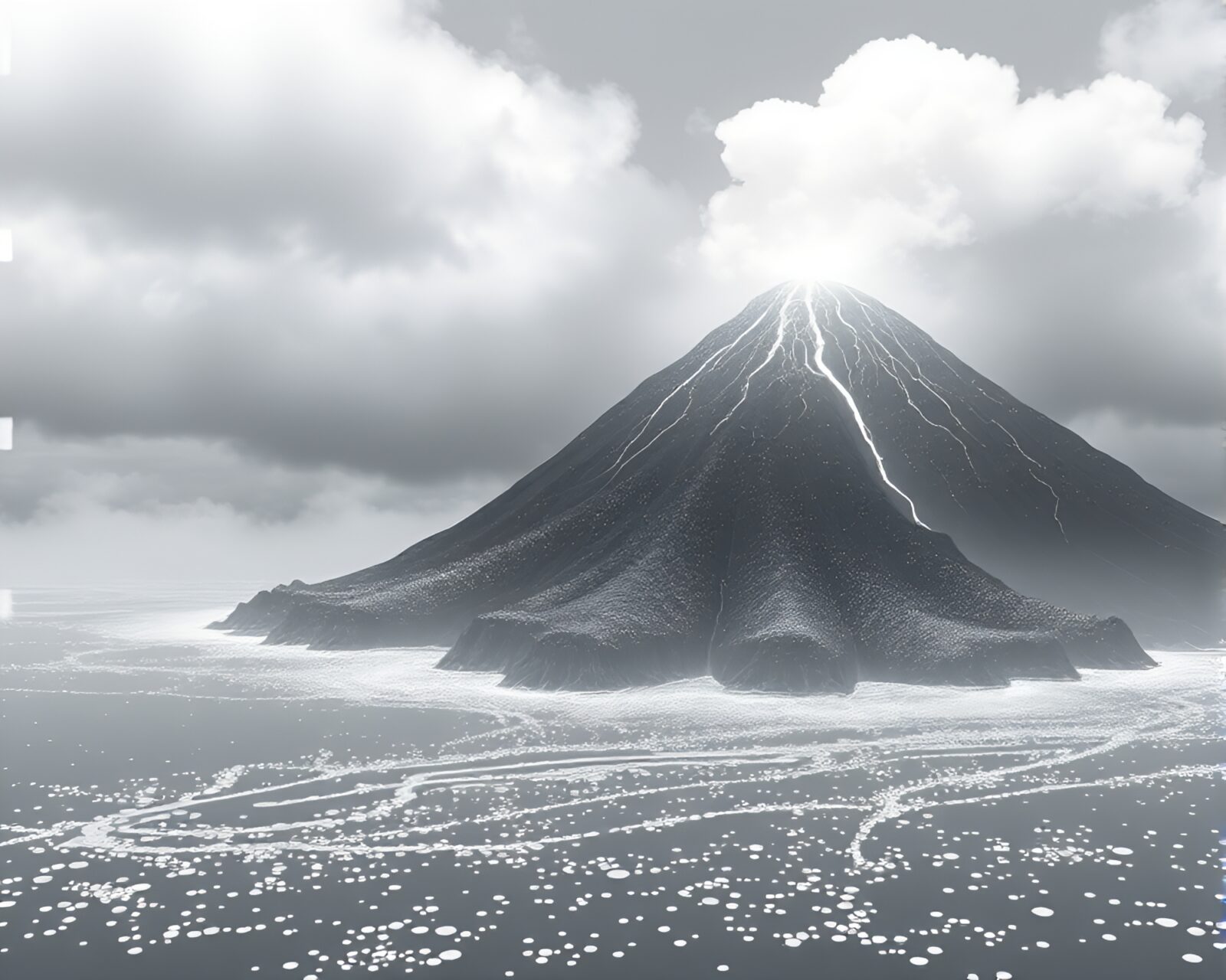 Ivory white volcanic island with dew drops in ASCII