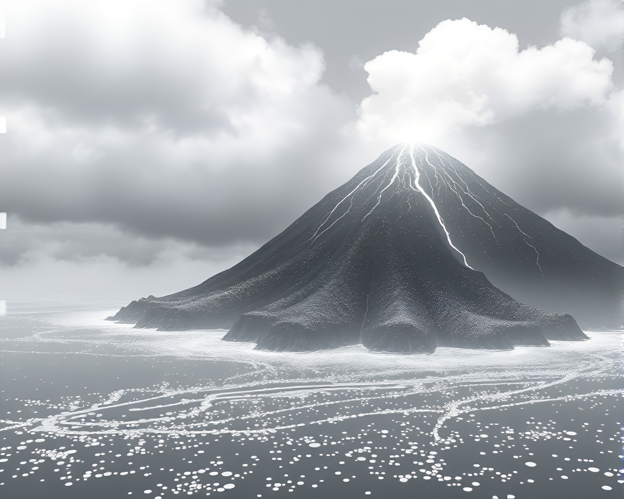 Volcanic Island Dawn Dew Drops in ASCII Art – free AI stock image