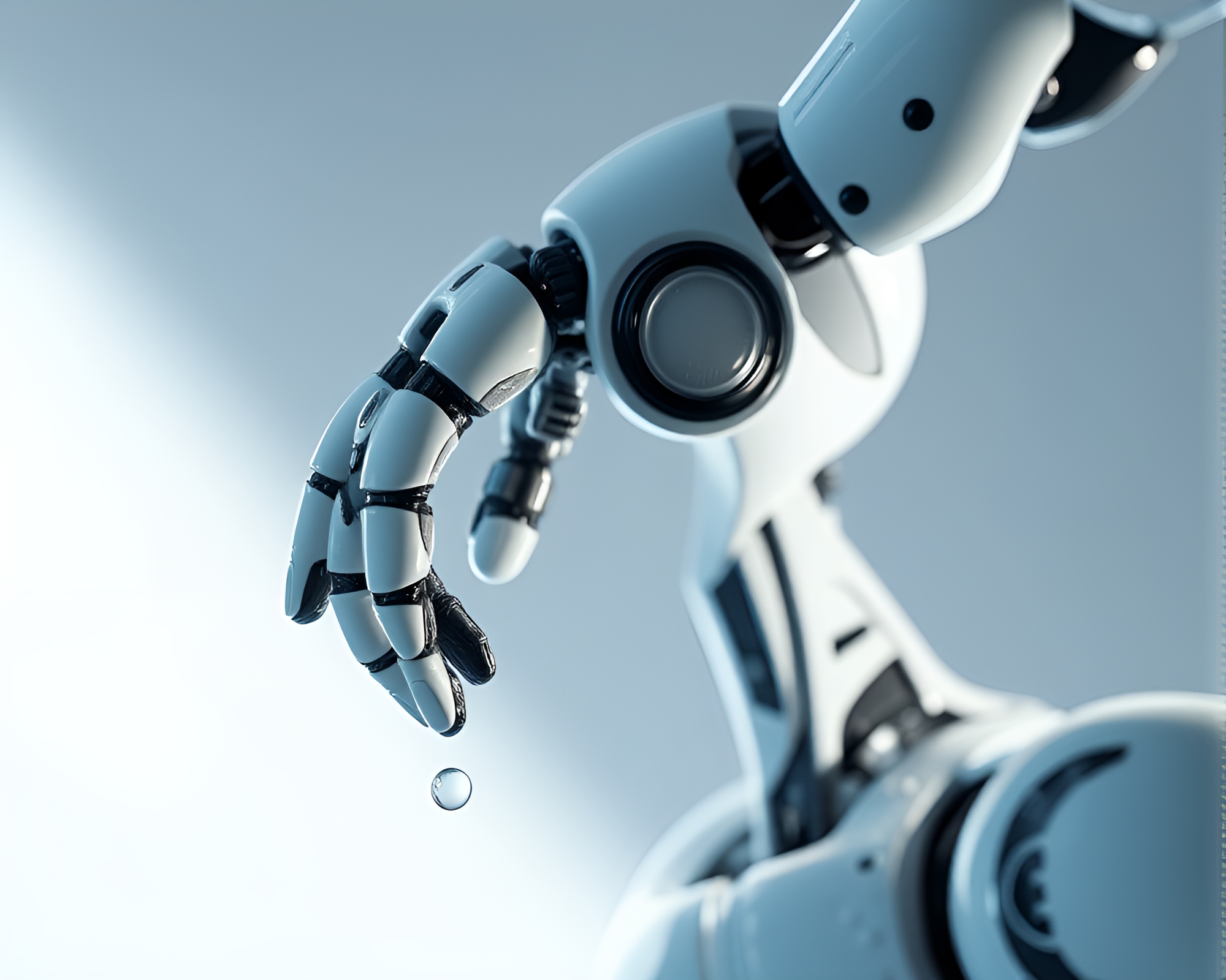 Robot Reflecting in Water Droplets | Real-Time Ray Tracing – free AI stock image