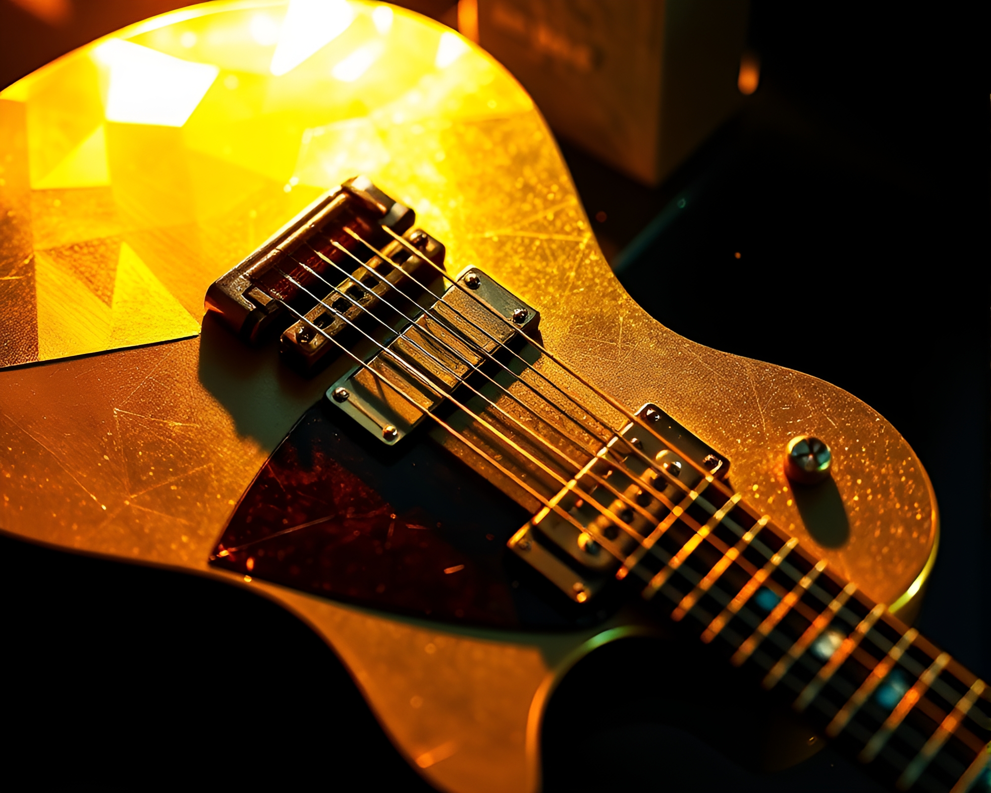 Phosphorescent Guitar with Gold Foil Highlights in Geometric Abstraction – free AI stock image