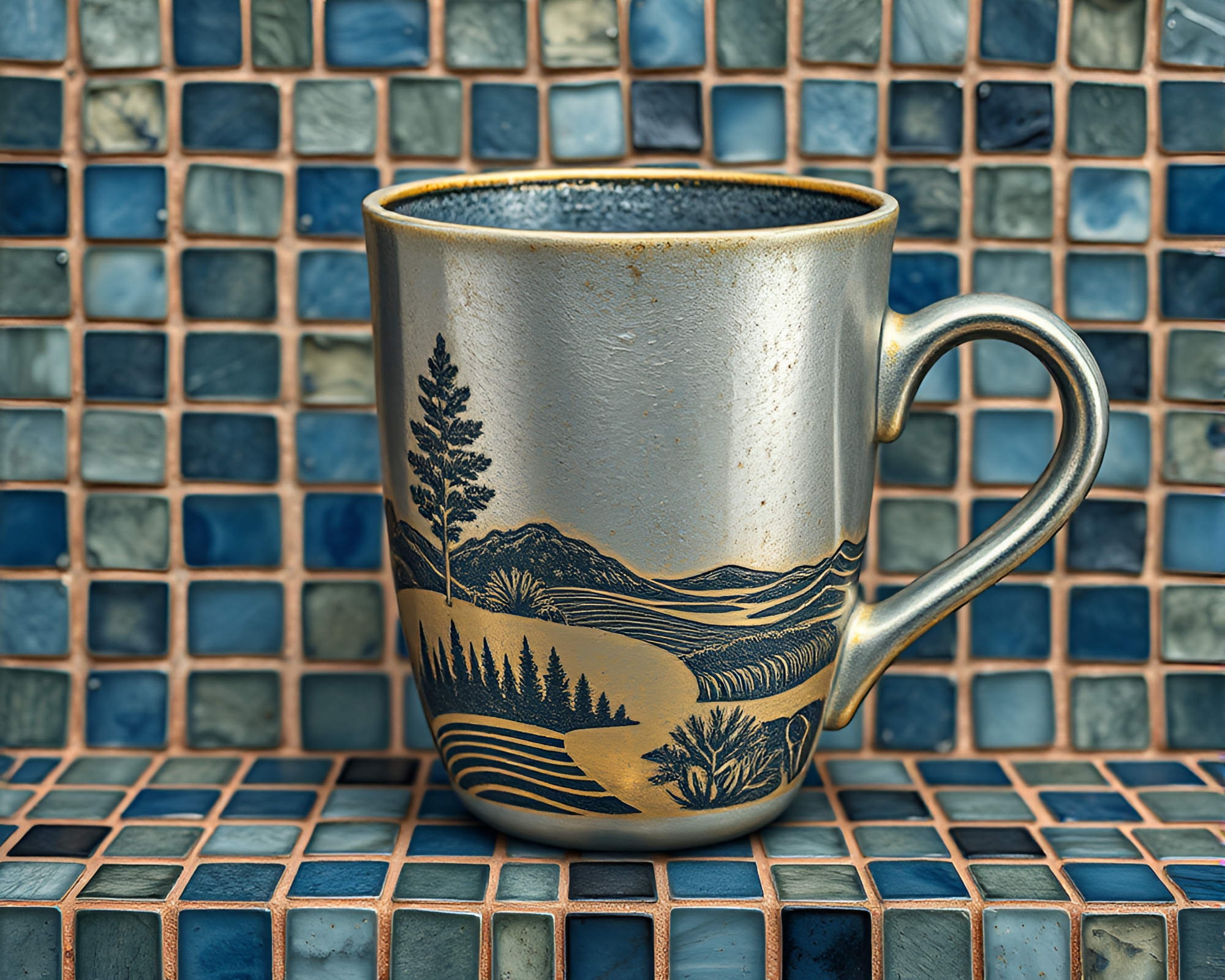 Steel-Blue Coffee Cup Mosaic Landscape Etching – free AI stock image
