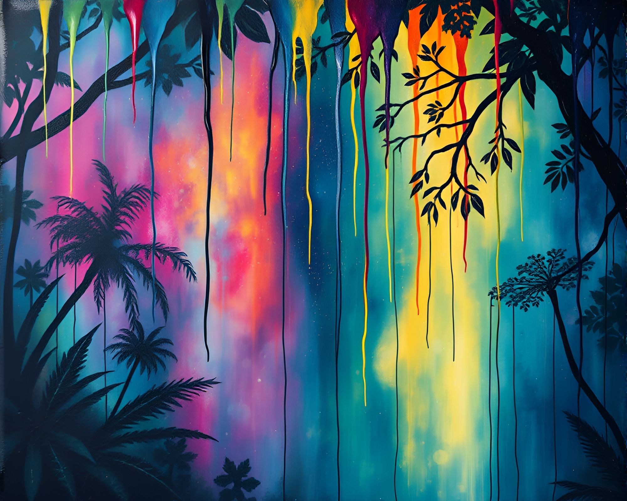 Vibrant Aurora Borealis in Jungle Canopy Fresco Painting – free AI stock image