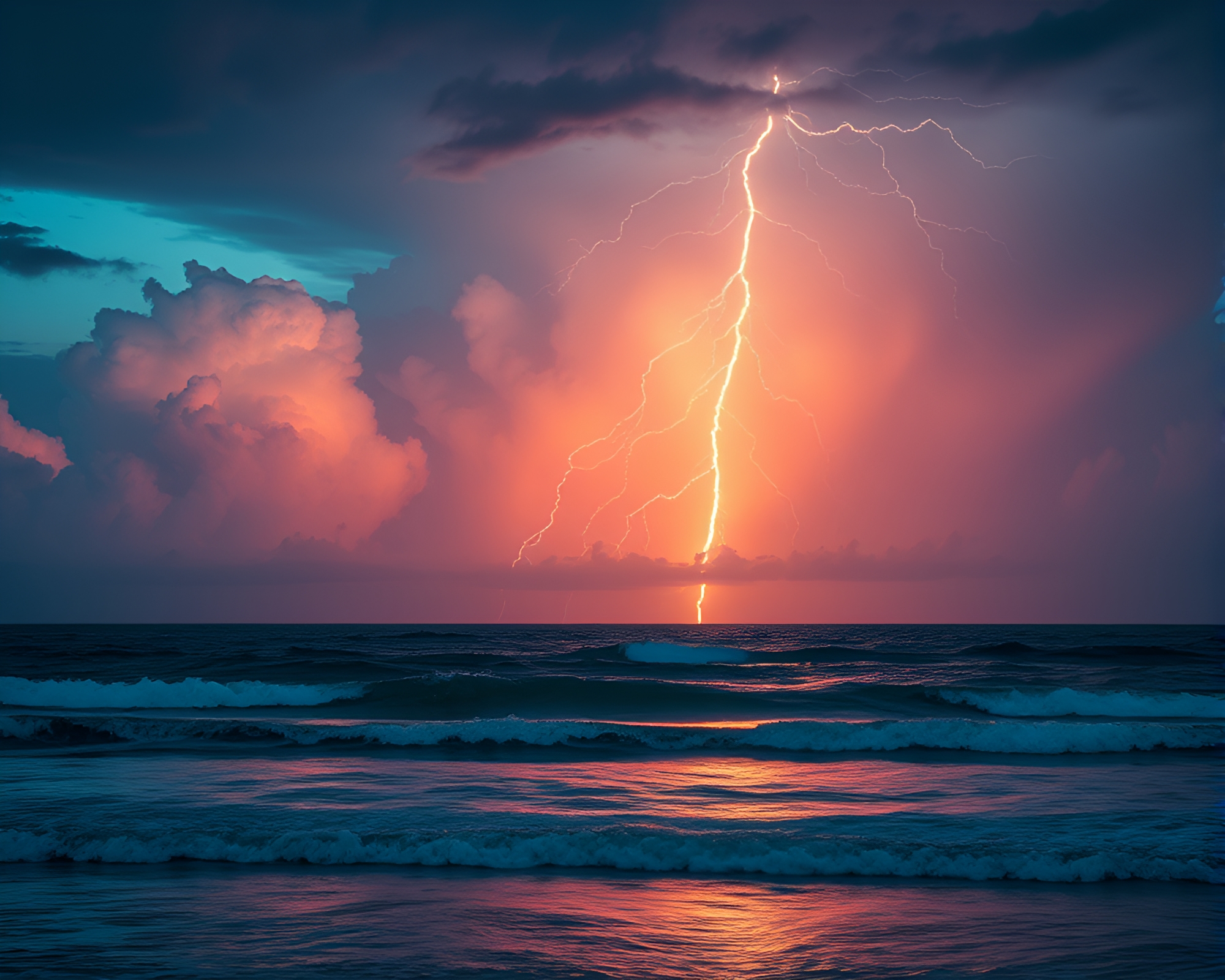 Bronze Patina Thunderstorm: Retrowave Twilight Over Ocean – free AI stock image
