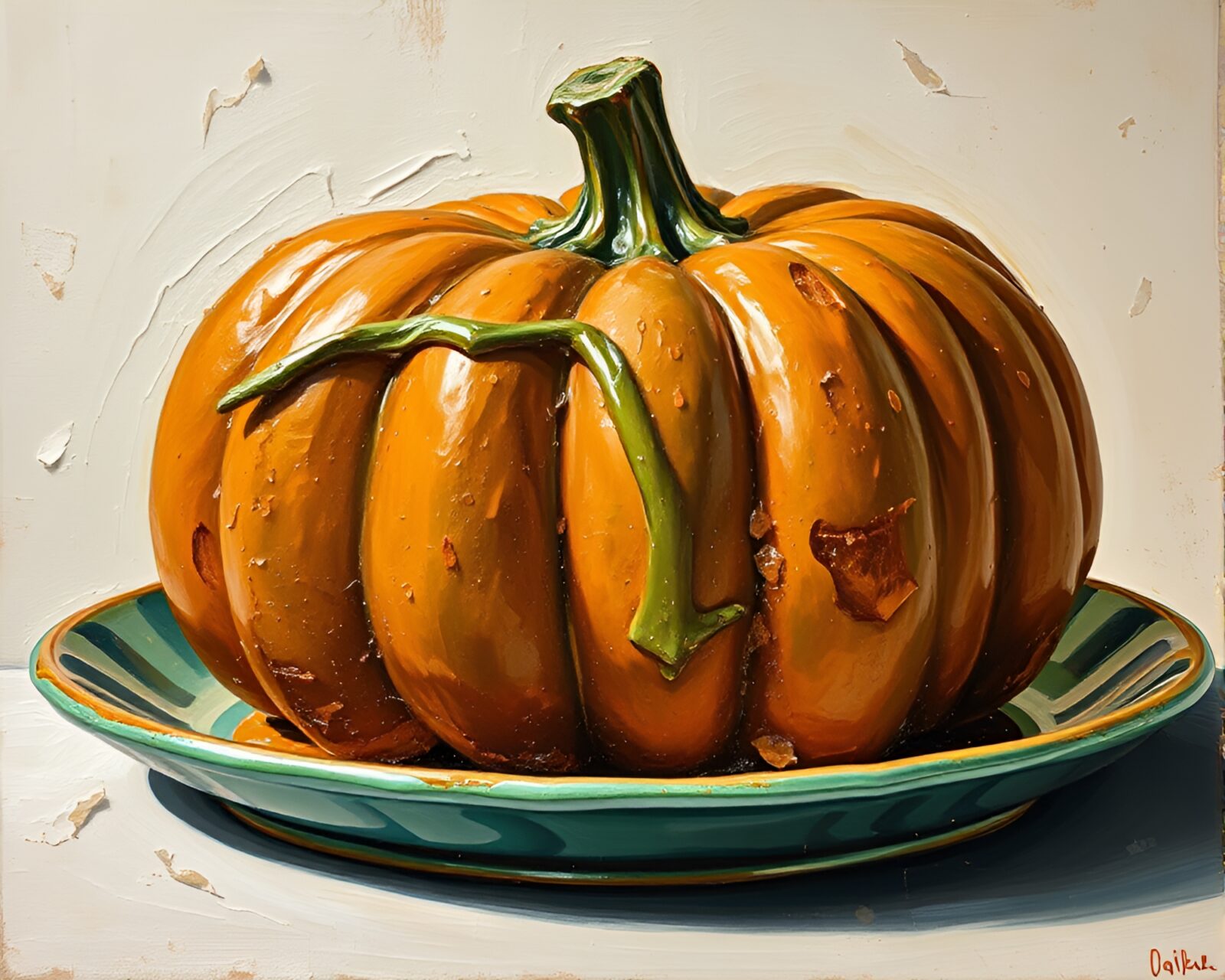 Rich oil painting of a pumpkin pie with copper verdigris accents