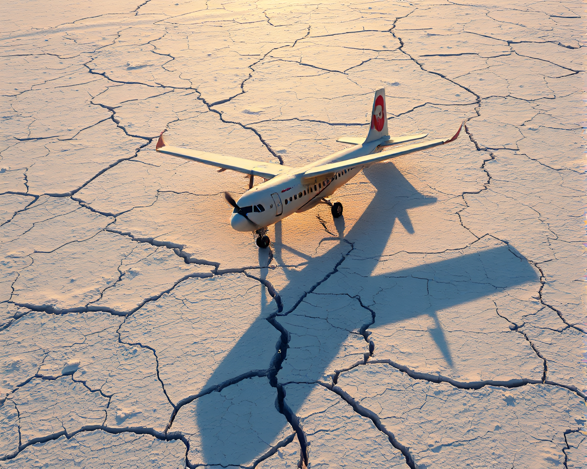 Snow-Kissed Airplane Soaring Over Cracked Earth – free AI stock image
