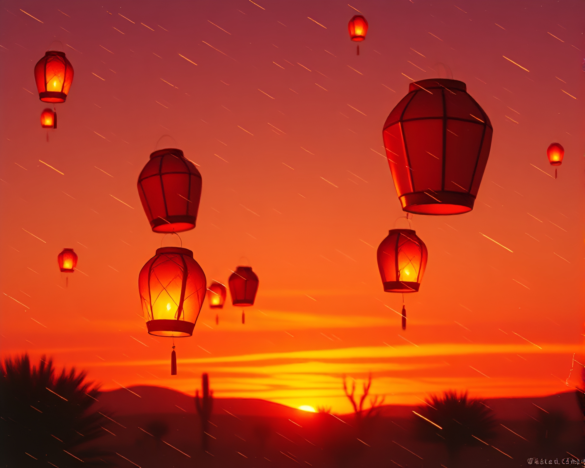 Dazzling Metallic Lanterns in Desert Sunset Landscape – free AI stock image
