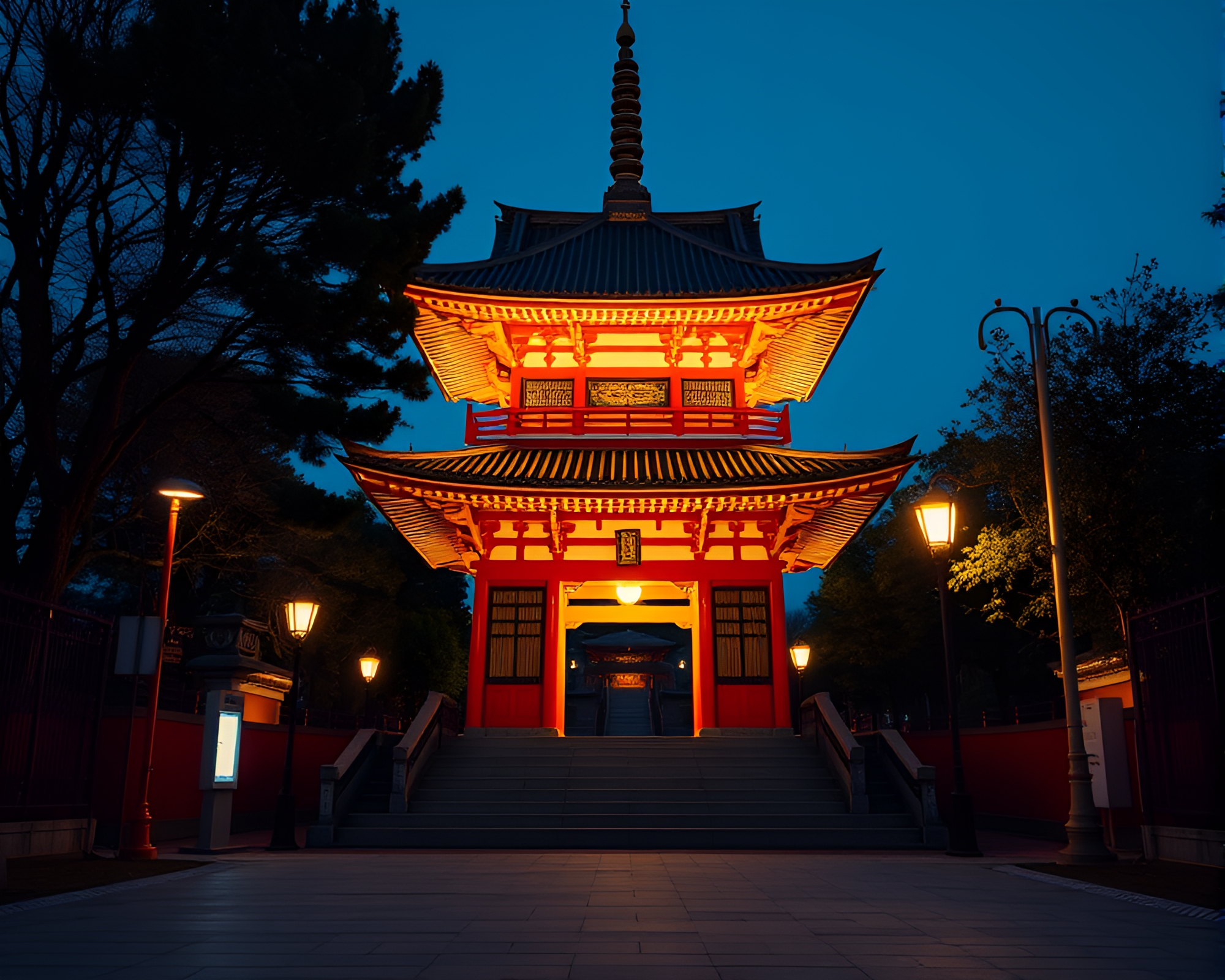 Majestic Pagoda in Streetlamp Glow – free AI stock image