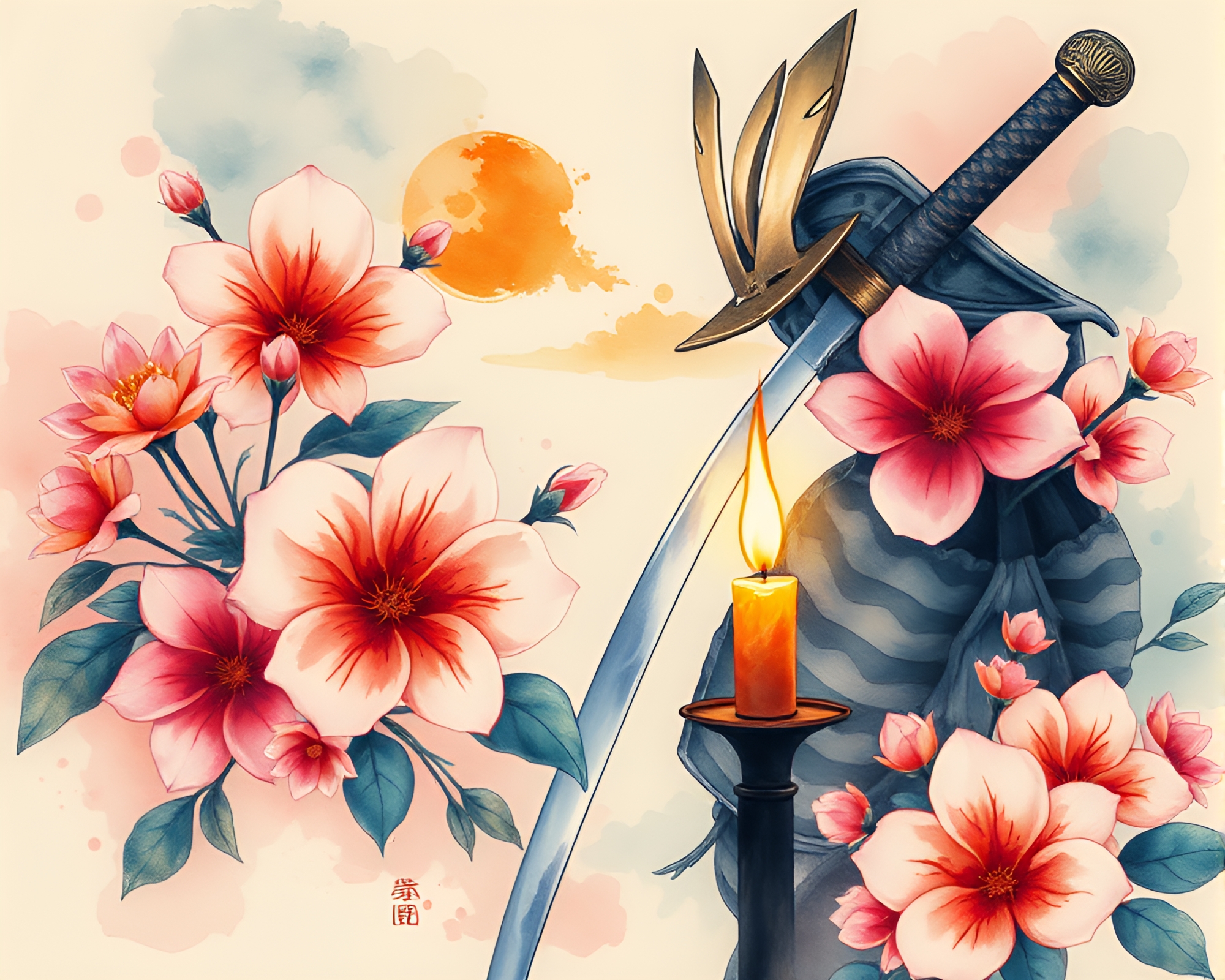 Samurai Warrior Amid Watercolor Blooms – free AI stock image