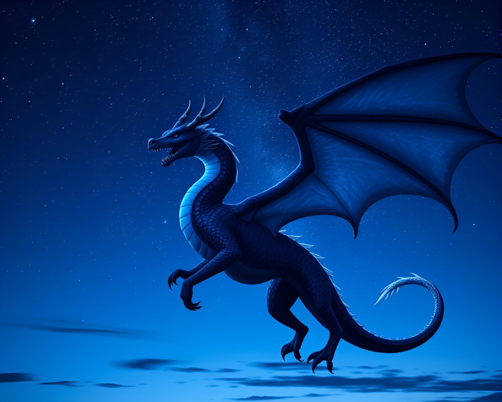 Glowing dragon soaring through twilight skies in ultraviolet light