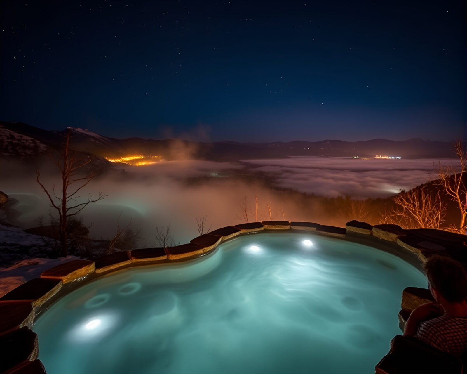 Infrared-light painted hot spring panoramic vista with mystical warmth