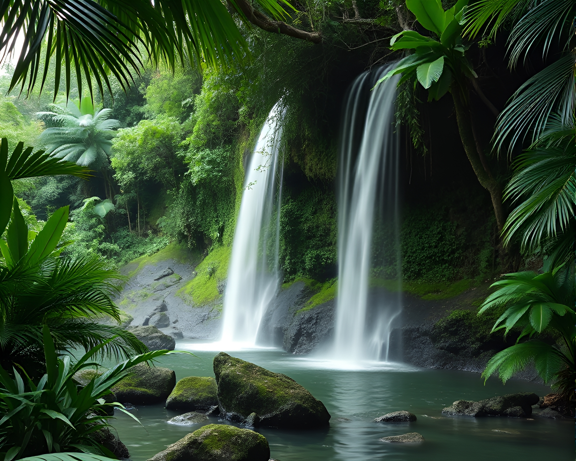 Tropical Waterfall Framed in Monochrome Green Screen Print – free AI stock image