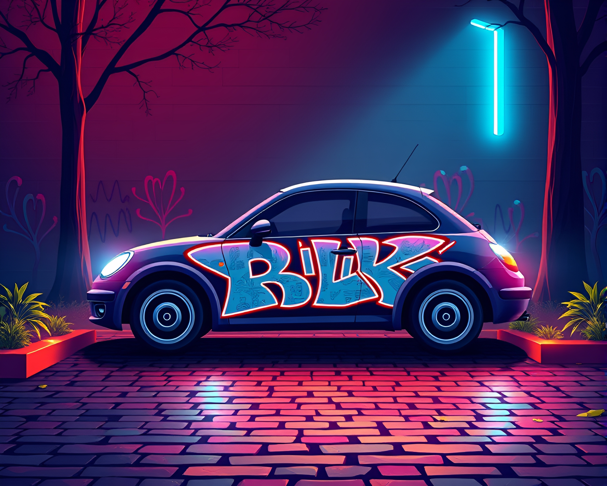 Futuristic Hover Car on Neon Graffiti Cobblestone Path – free AI stock image