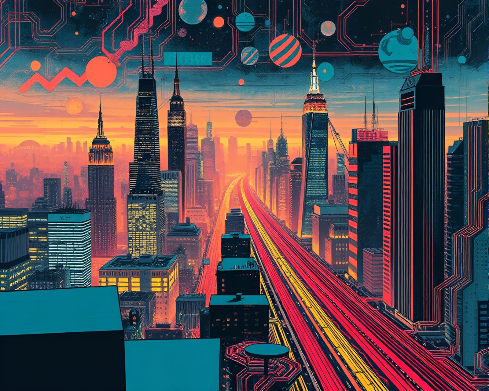Futuristic urban cityscape with intricate circuit board patterns