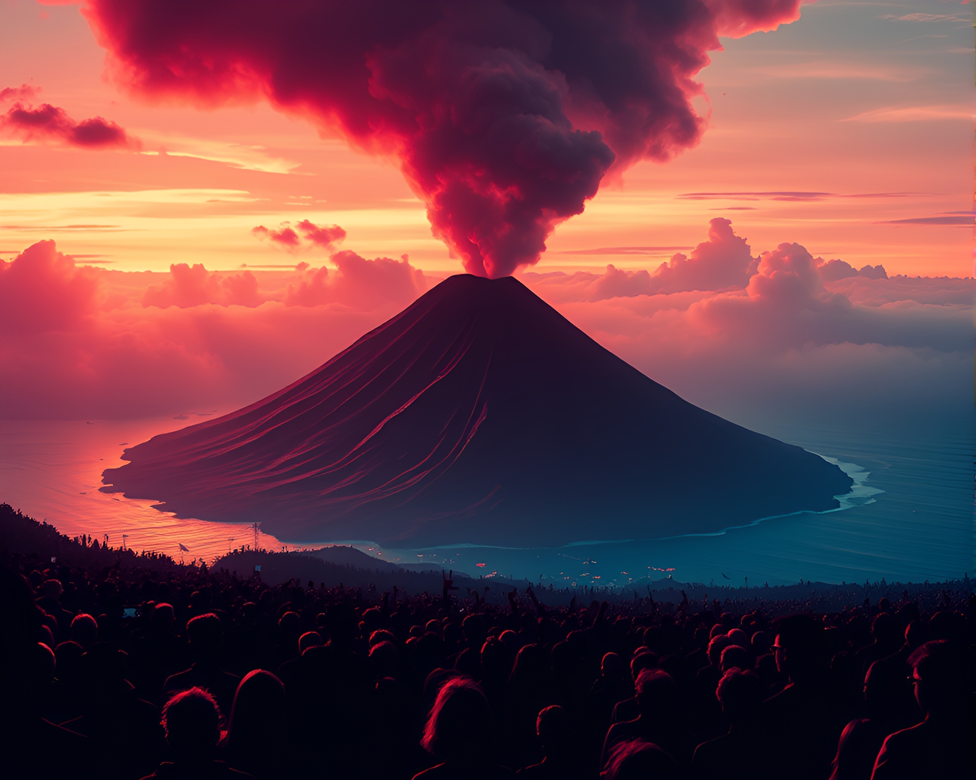 Retrowave Crowd Silhouette on Volcanic Island – free AI stock image