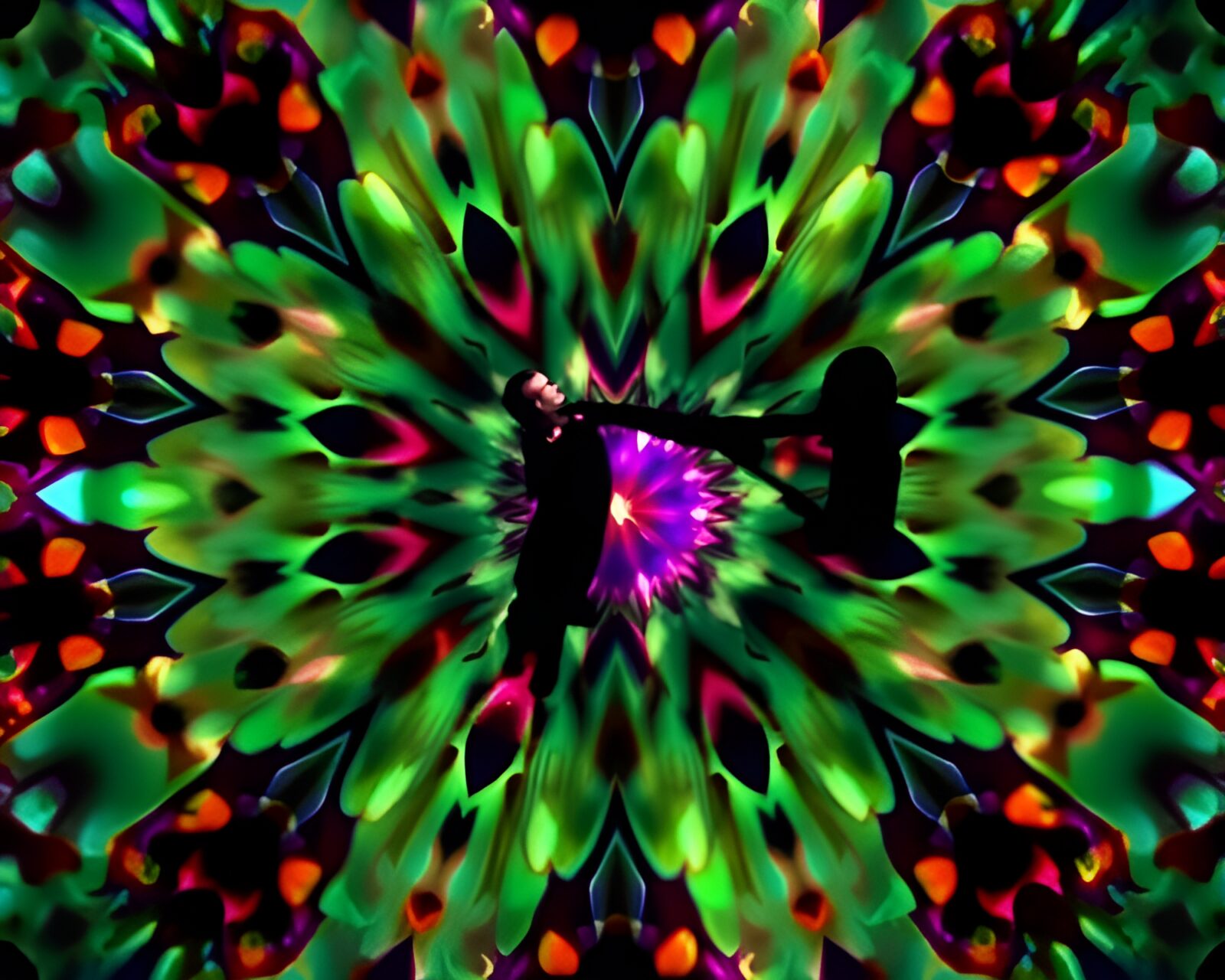 An ultraviolet-themed trumpet amidst kaleidoscope shadows and muted lighting.